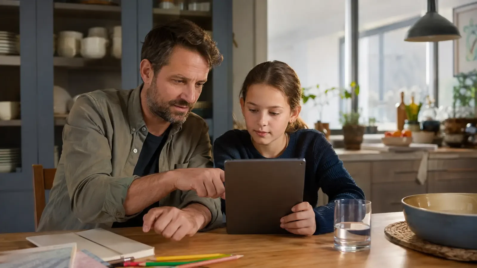 Ein Vater richtet gemeinsam mit seiner Tochter ein Tablet am Küchentisch ein.