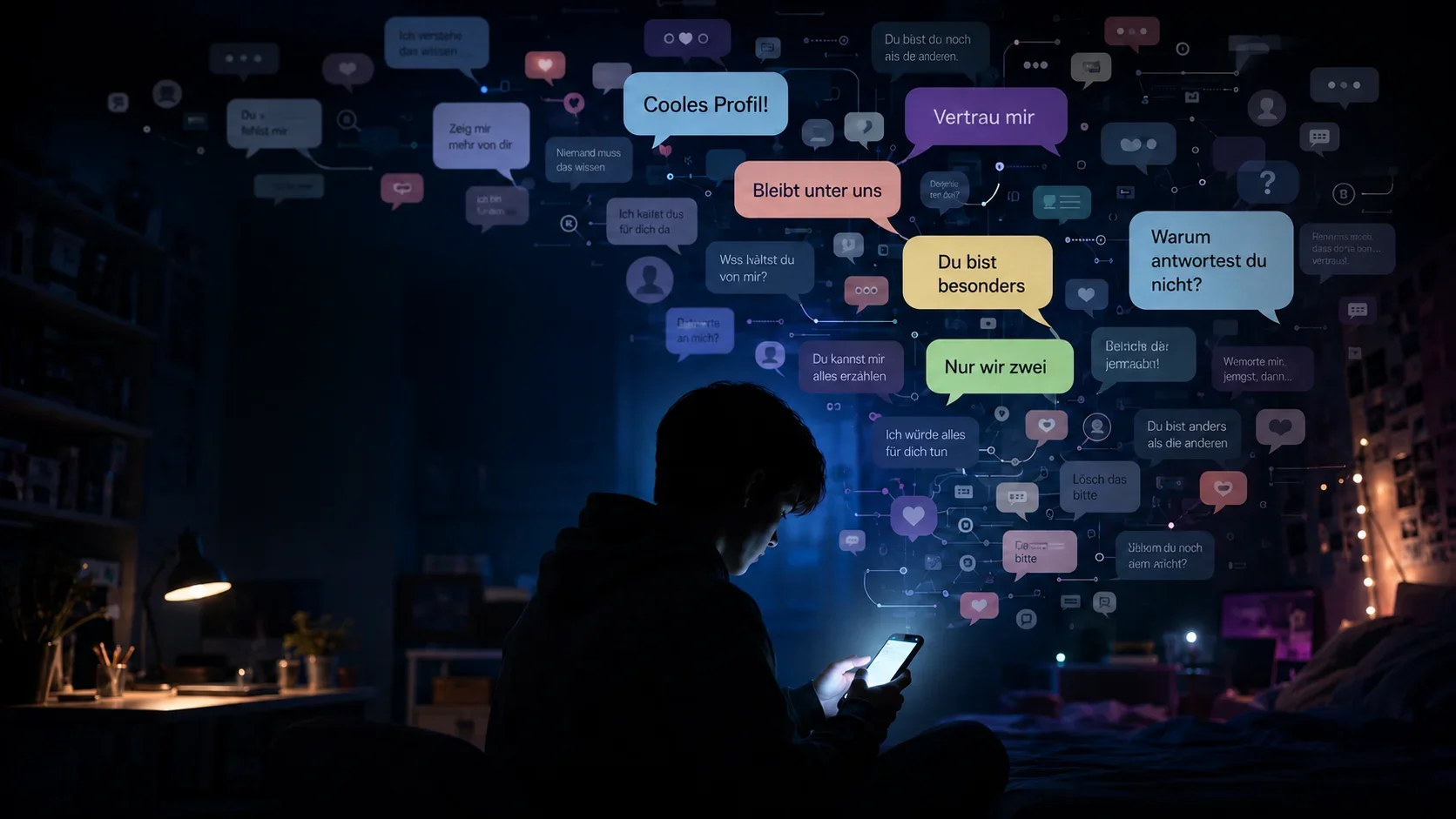 Jugendlicher sitzt in einem dunklen Zimmer mit Smartphone, während über ihm viele Sprechblasen als Symbol für digitale Manipulation und Cybergrooming erscheinen.