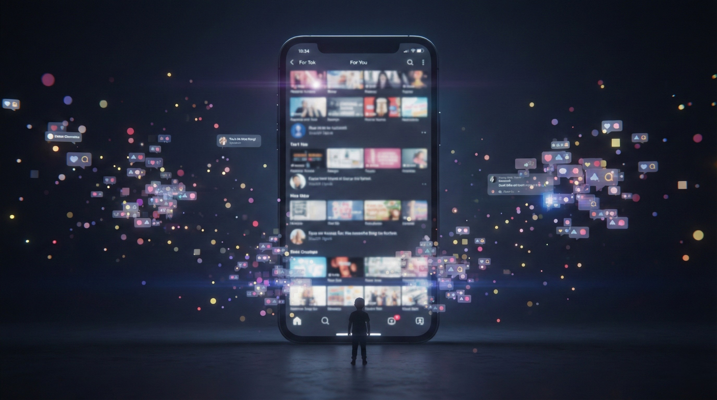 Silhouette eines Kindes steht vor einem übergroßen Smartphone mit unscharfem TikTok-Feed, umgeben von schwebenden Lichtelementen, dunkler Raum, kühle Farben, symbolische und dokumentarische Stimmung.