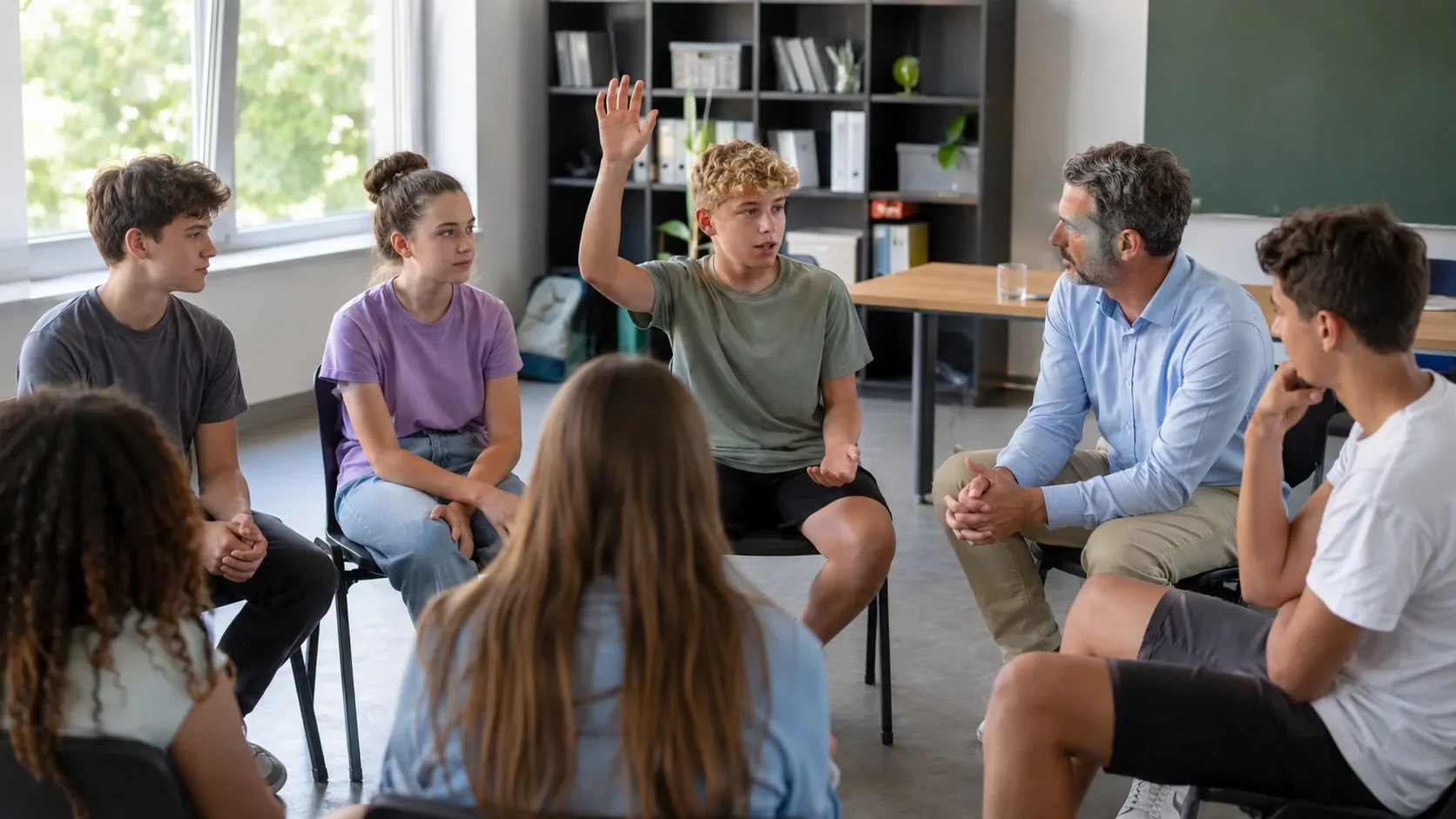 Schülerinnen und Schüler sitzen in einer Gesprächsrunde und diskutieren mit einem Erwachsenen über Smartphone-Nutzung und digitale Themen.
