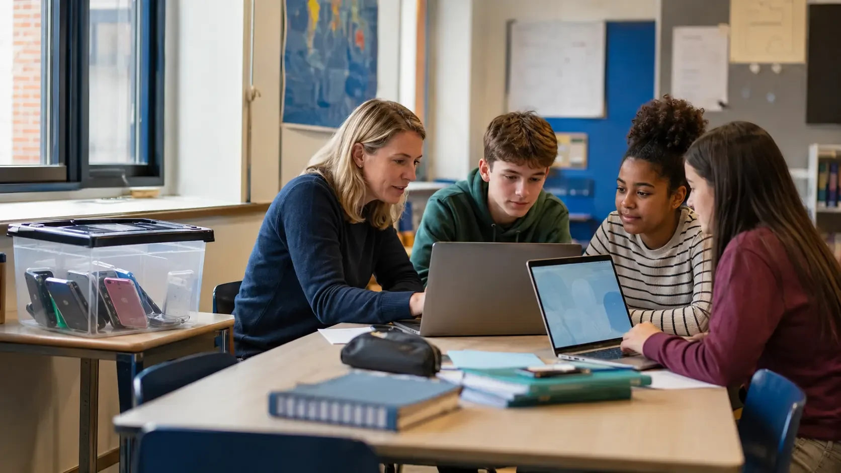 Eine Lehrerin arbeitet mit Jugendlichen an Laptops, während die Smartphones der Klasse in einer Aufbewahrungsbox liegen.