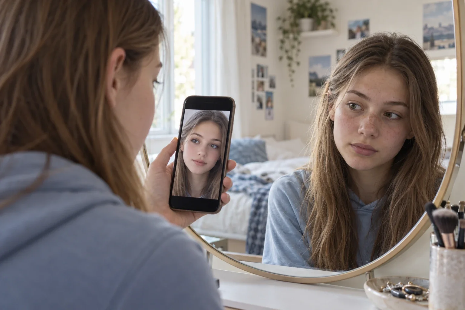 ine Jugendliche betrachtet ihr Gesicht im Spiegel und vergleicht es mit einem geglätteten Selfie auf ihrem Smartphone.