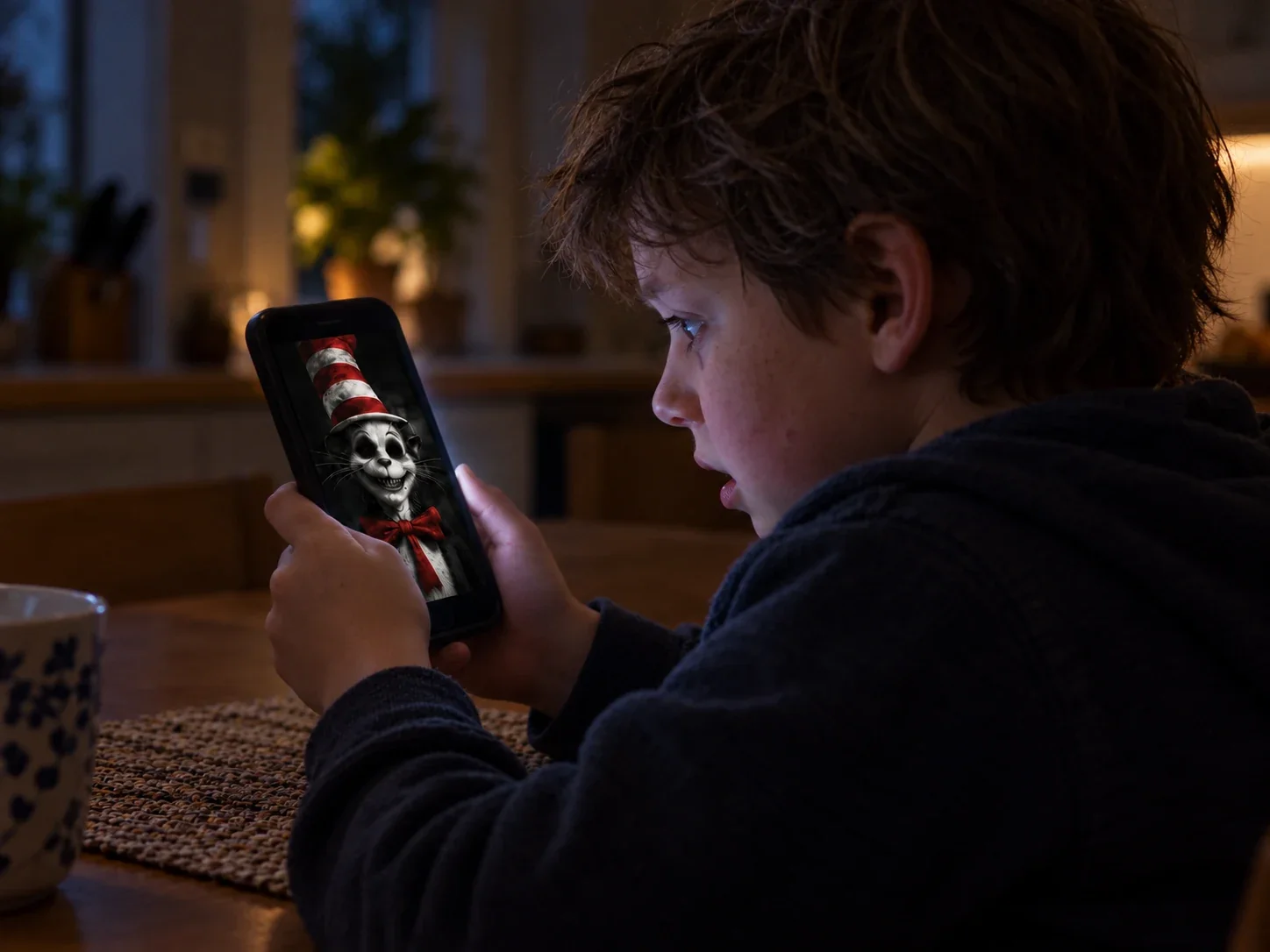 Ein Kind schaut in dunkler Abendstimmung angespannt auf das Display seines Smartphones mit einem unheimlichen Katzenbild.