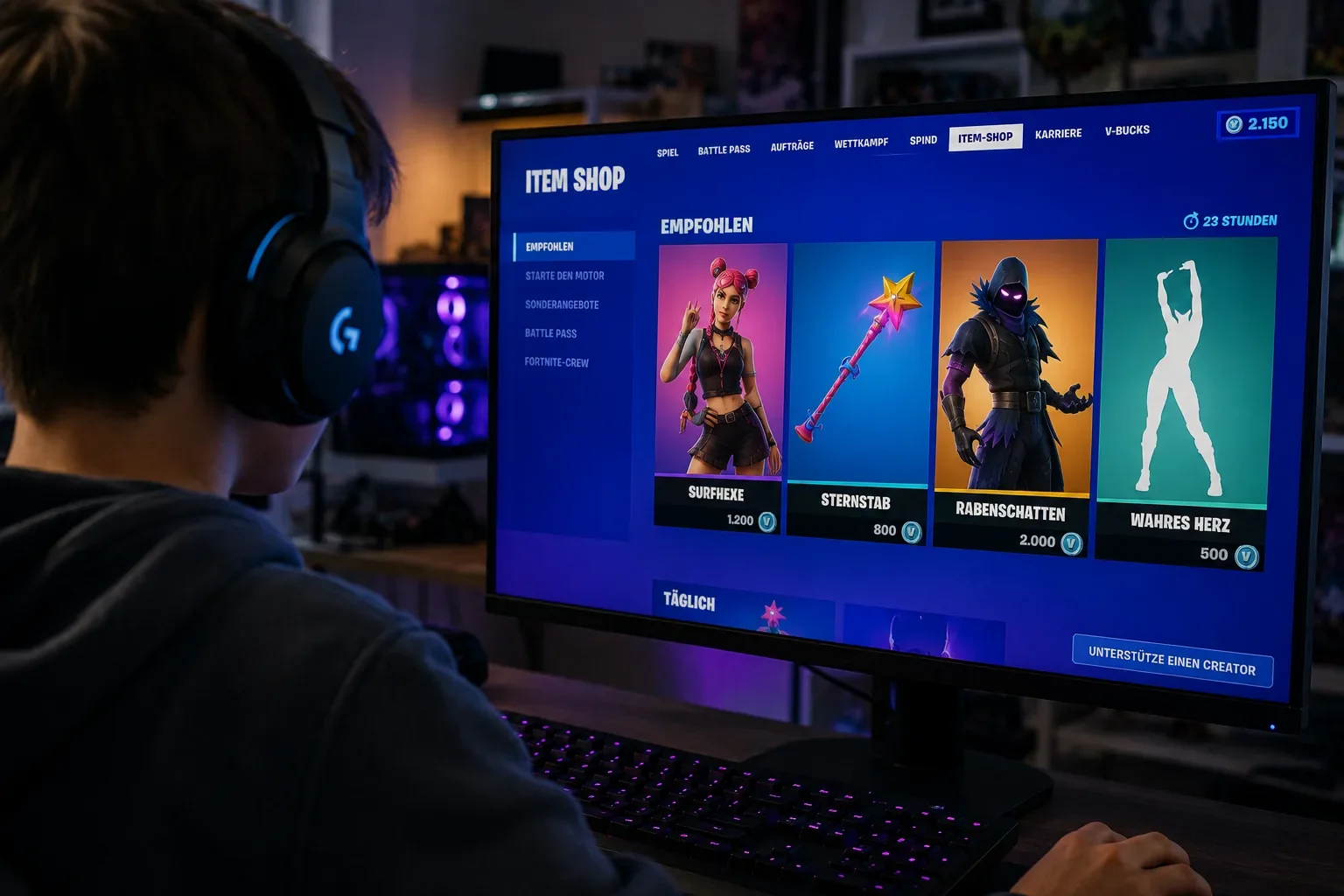 Jugendlicher sitzt am Computer und betrachtet den Fortnite Item Shop mit Skins, Emotes und V-Bucks-Angeboten.
