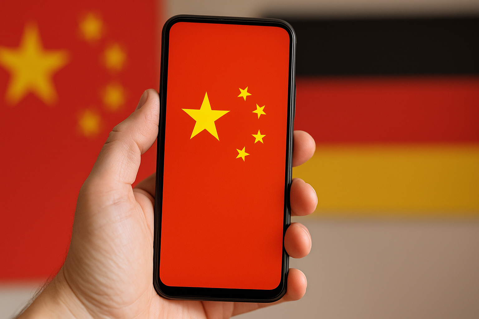 Ein Smartphone zeigt die chinesische Flagge auf dem Bildschirm, im Hintergrund ist die deutsche Flagge leicht verschwommen zu sehen. Symbolisch für den Vergleich von Kinder- und Jugendschutz in China und Deutschland.