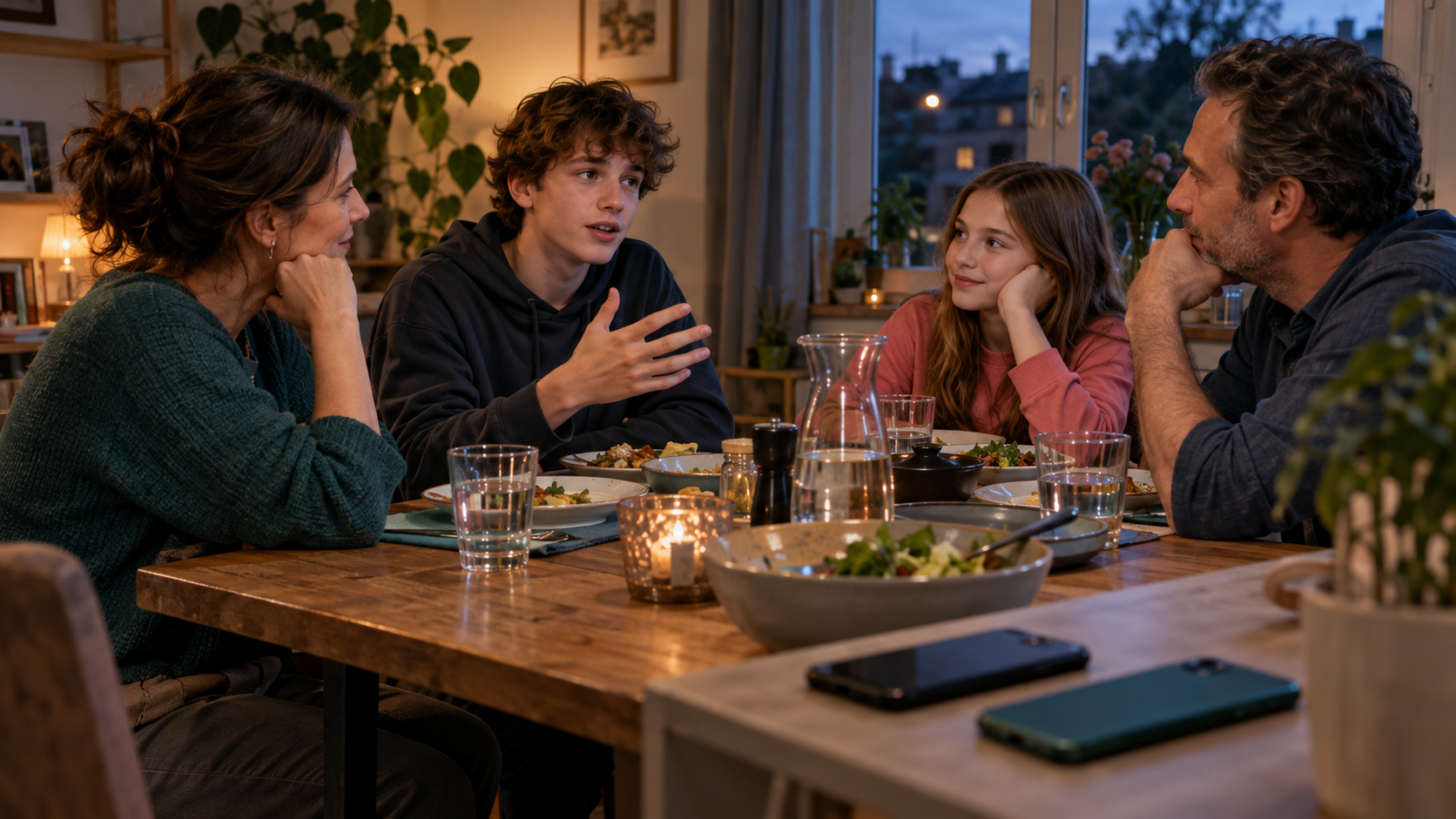 Eltern und zwei Kinder unterhalten sich beim Abendessen. Zwei Smartphones liegen unbenutzt auf einem Möbelstück im Vordergrund.