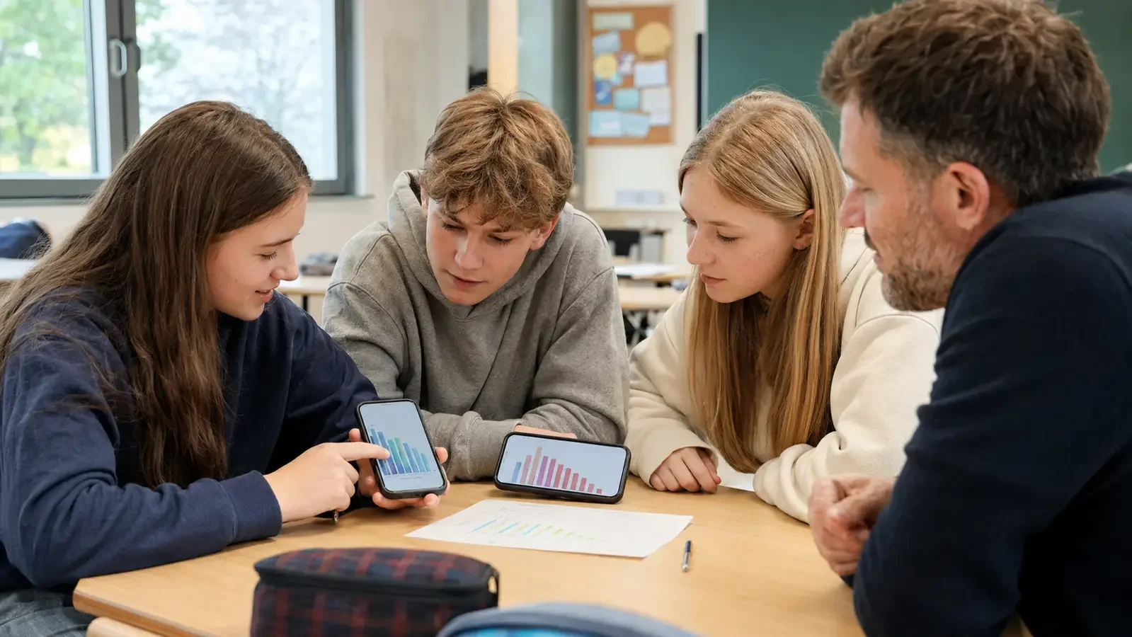 Drei Jugendliche vergleichen gemeinsam mit einem Lehrer die grafische Auswertung ihrer Smartphone-Nutzungszeit.