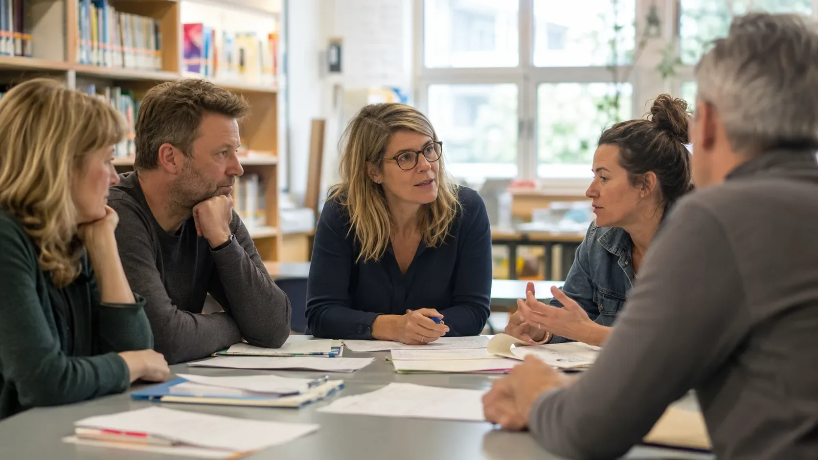 Eltern und Lehrkräfte sitzen gemeinsam an einem Tisch und besprechen Regeln und Lösungen für den Schulalltag.