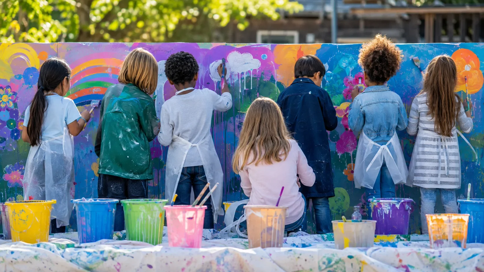 Unterschiedliche Kinder gestalten gemeinsam ein farbenfrohes Wandbild und werden dabei ausschließlich von hinten gezeigt.
