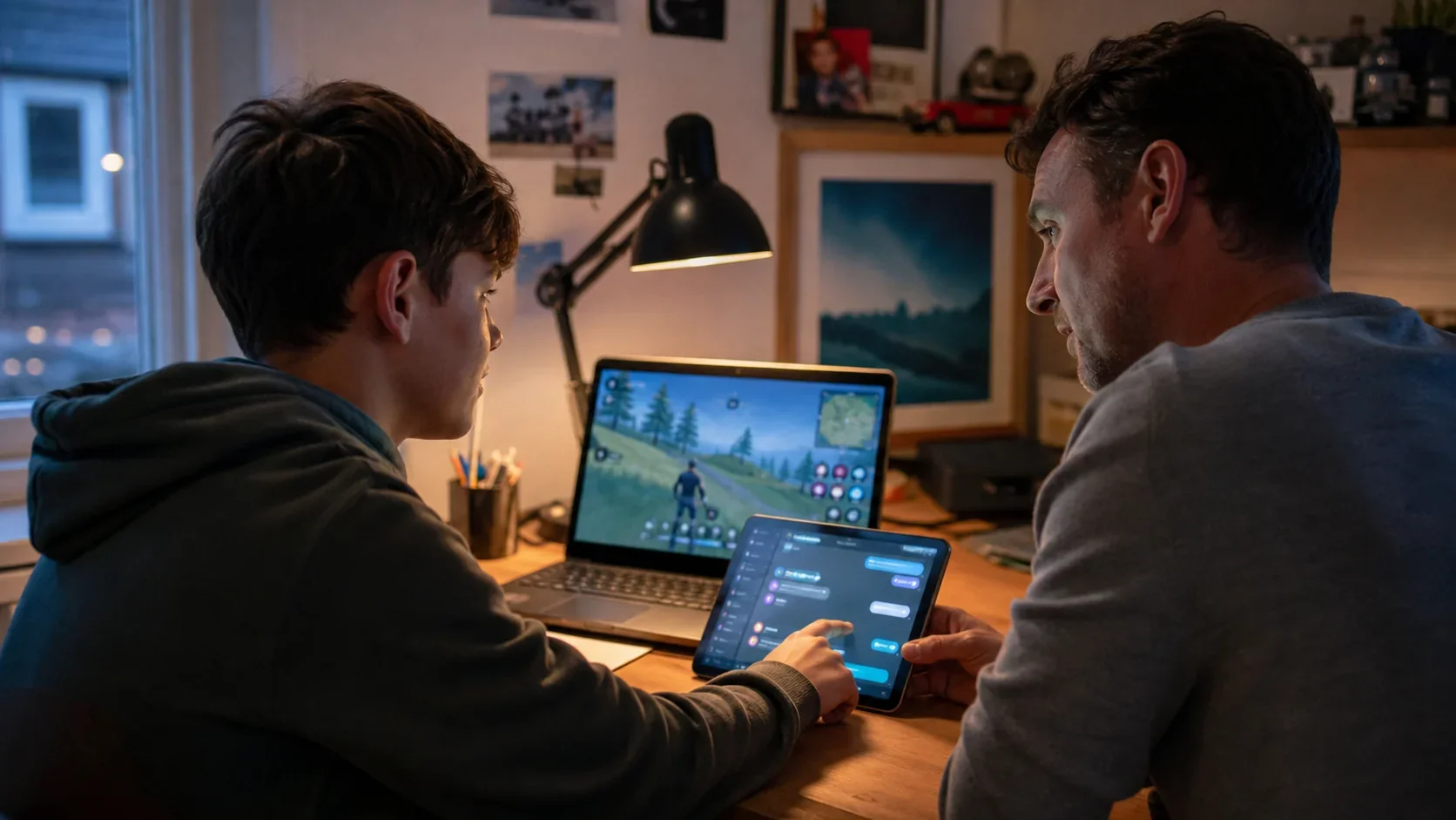 Vater und Sohn betrachten gemeinsam ein Onlinespiel und eine Chat-Anwendung auf Laptop und Tablet.