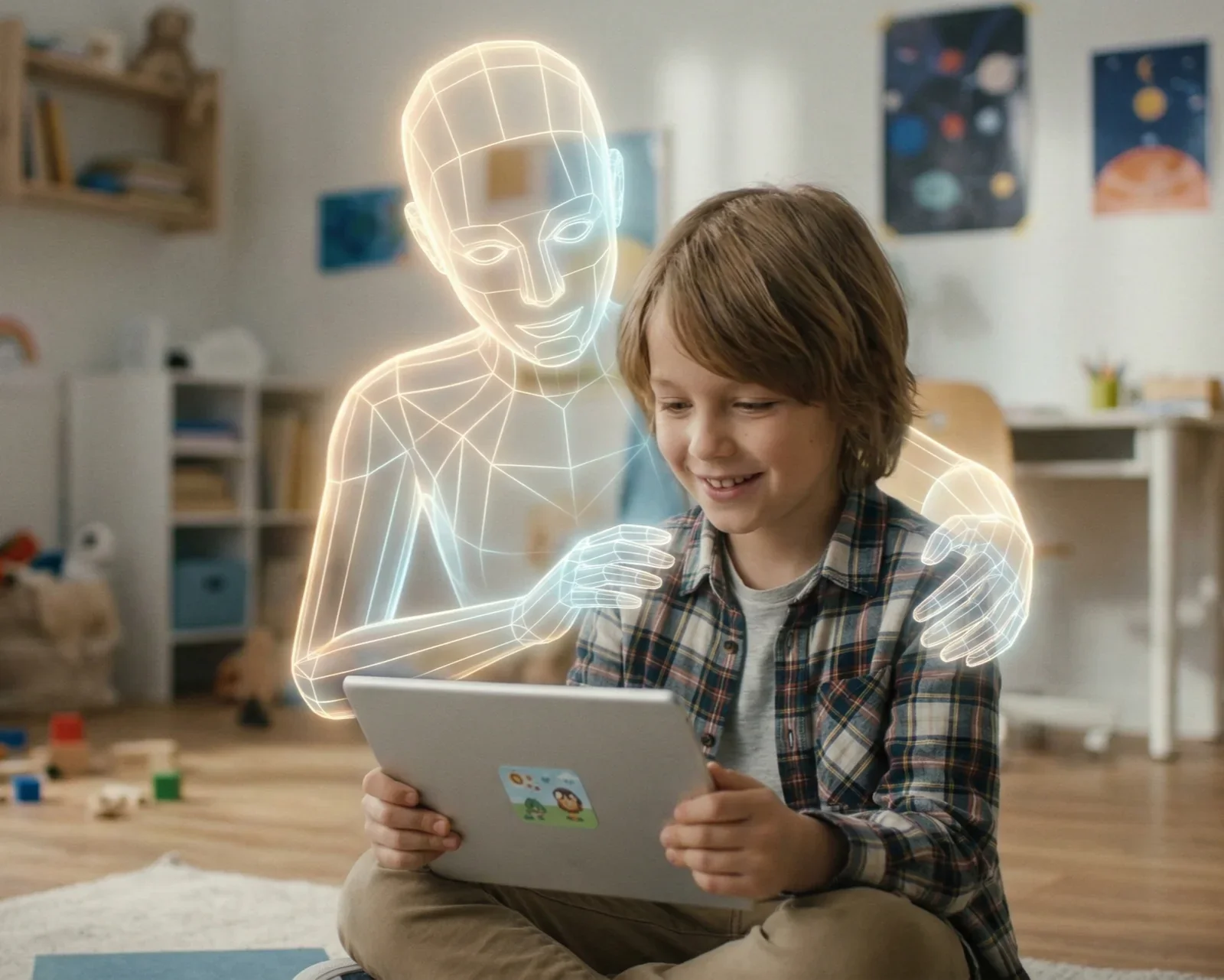 Ein Kind nutzt ein Tablet, während eine durchscheinende, menschenähnliche Lichtfigur hinter ihm die Arme um seine Schultern legt.
