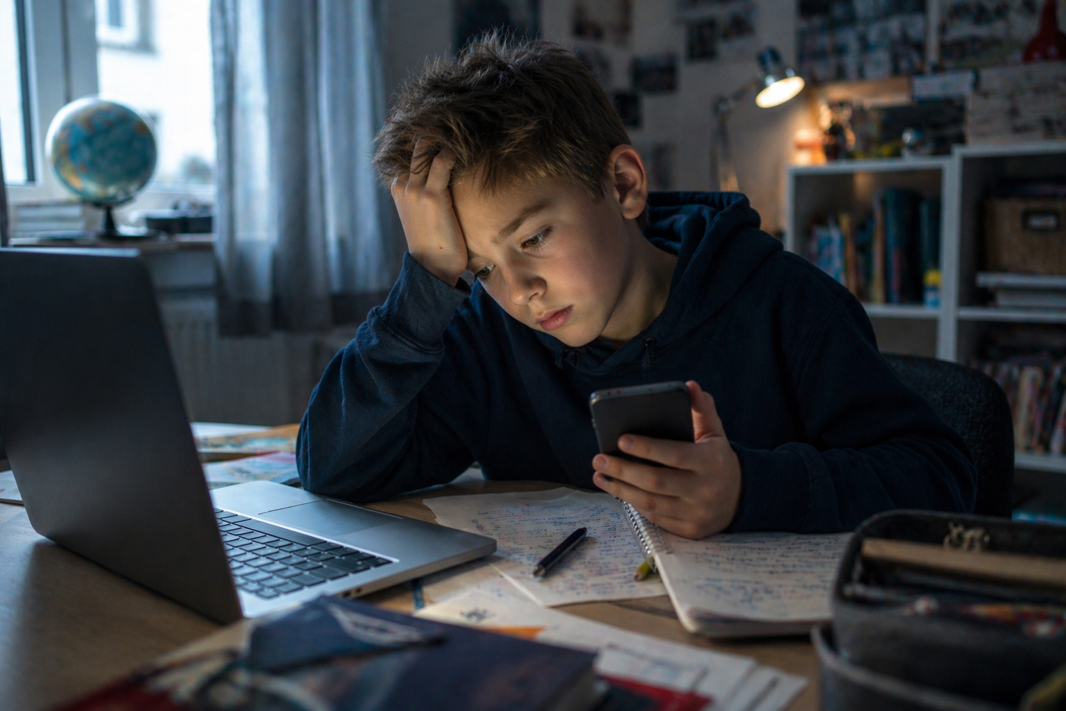 Junge sitzt am Schreibtisch zwischen Schulheften und Laptop, schaut erschöpft auf sein Smartphone und wirkt beim Lernen abgelenkt