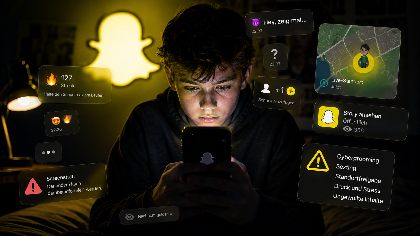 Jugendlicher sitzt nachts im dunklen Zimmer mit Smartphone in der Hand, umgeben von Snapchat-Symbolen, Standortanzeigen, Warnhinweisen und Nachrichtenfenstern als Darstellung von Risiken wie Cybergrooming, Sexting und sozialem Druck auf Snapchat.