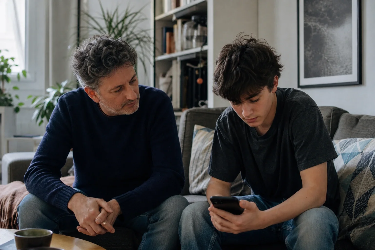 Ein Vater sitzt neben seinem älteren Teenager auf dem Sofa und wendet sich ihm ruhig zu, während der Jugendliche auf sein Smartphone blickt.