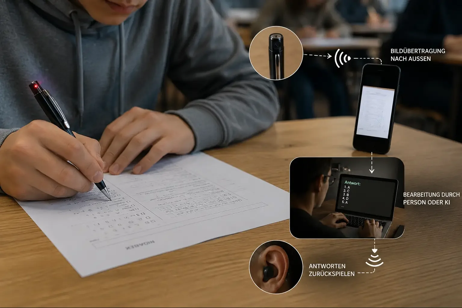 Schüler schreibt eine Prüfung mit einem Kugelschreiber, in dem eine versteckte Kamera integriert ist. Die Szene zeigt, wie Prüfungsaufgaben unauffällig fotografiert und digital weitergeleitet werden können.