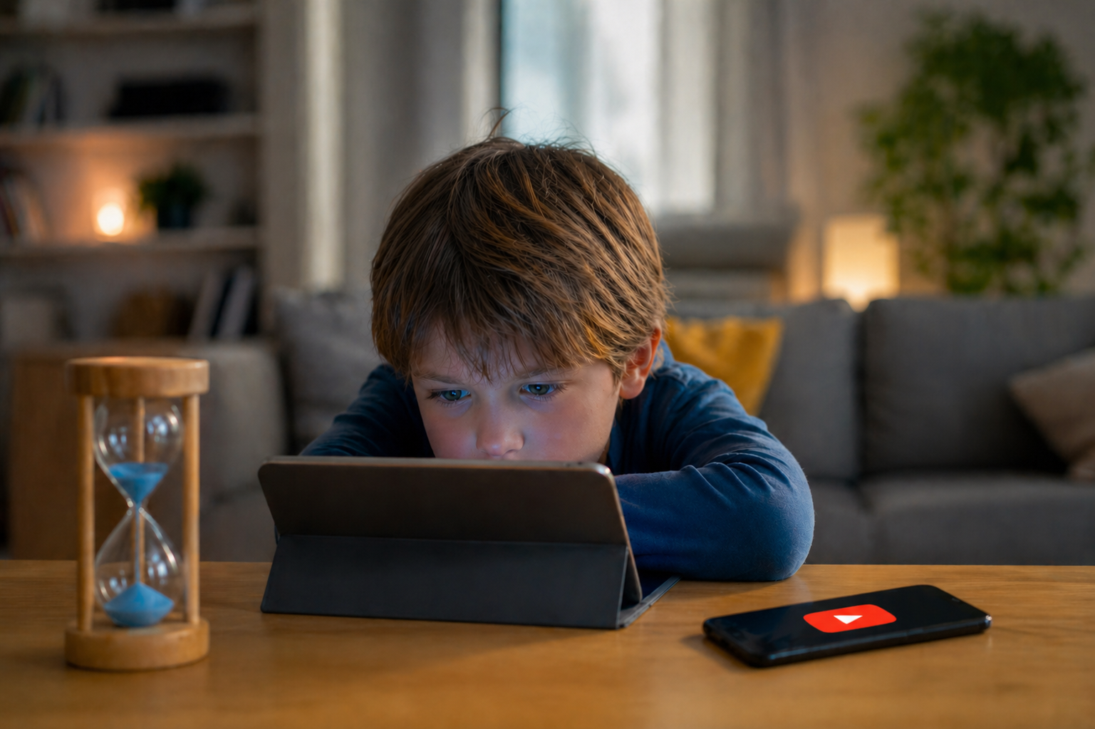Kind sitzt konzentriert vor einem Tablet im Wohnzimmer, Smartphone liegt daneben, ruhige häusliche Umgebung mit gedämpftem Licht