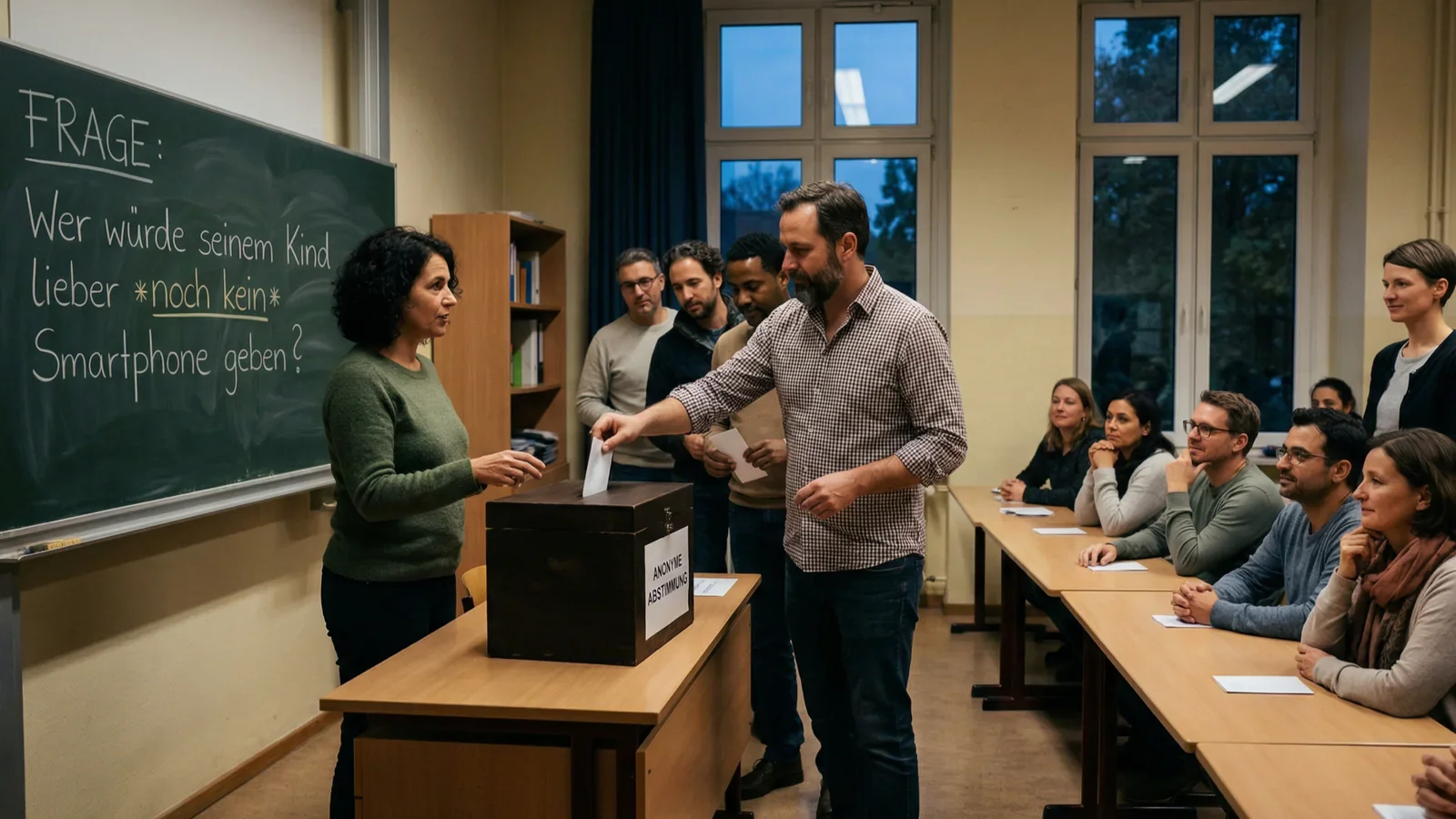 Eltern geben bei einem Elternabend Stimmzettel in eine Box; an der Tafel steht eine Frage zum ersten Smartphone.
