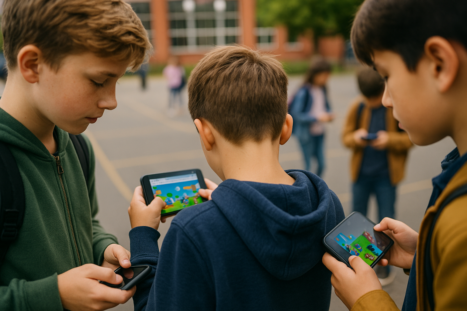 Mehrere Jungen stehen auf dem Schulhof und spielen auf ihren Smartphones bunte Browsergames, man sieht ihnen dabei über die Schulter.