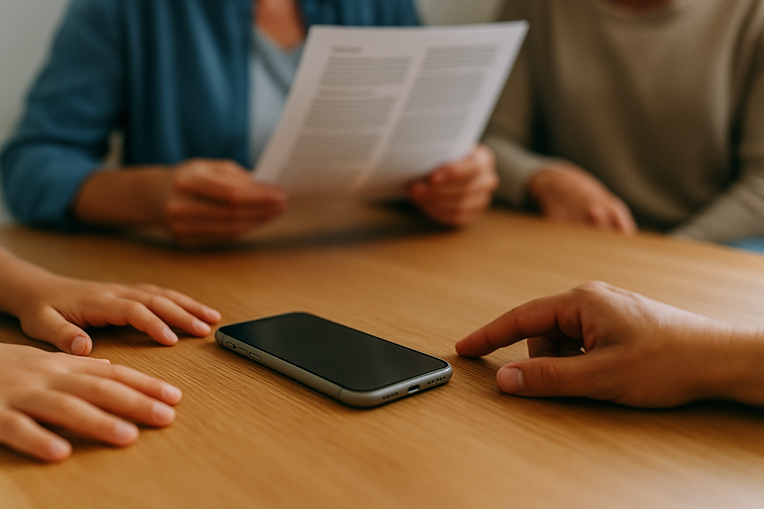 Ein Handy liegt auf einem Holztisch, verschiedene Hände liegen daneben. Im Hintgerund hält eine Erwachsene Frau ein Papier in der Hand, das wie ein Vertrag aussieht.
