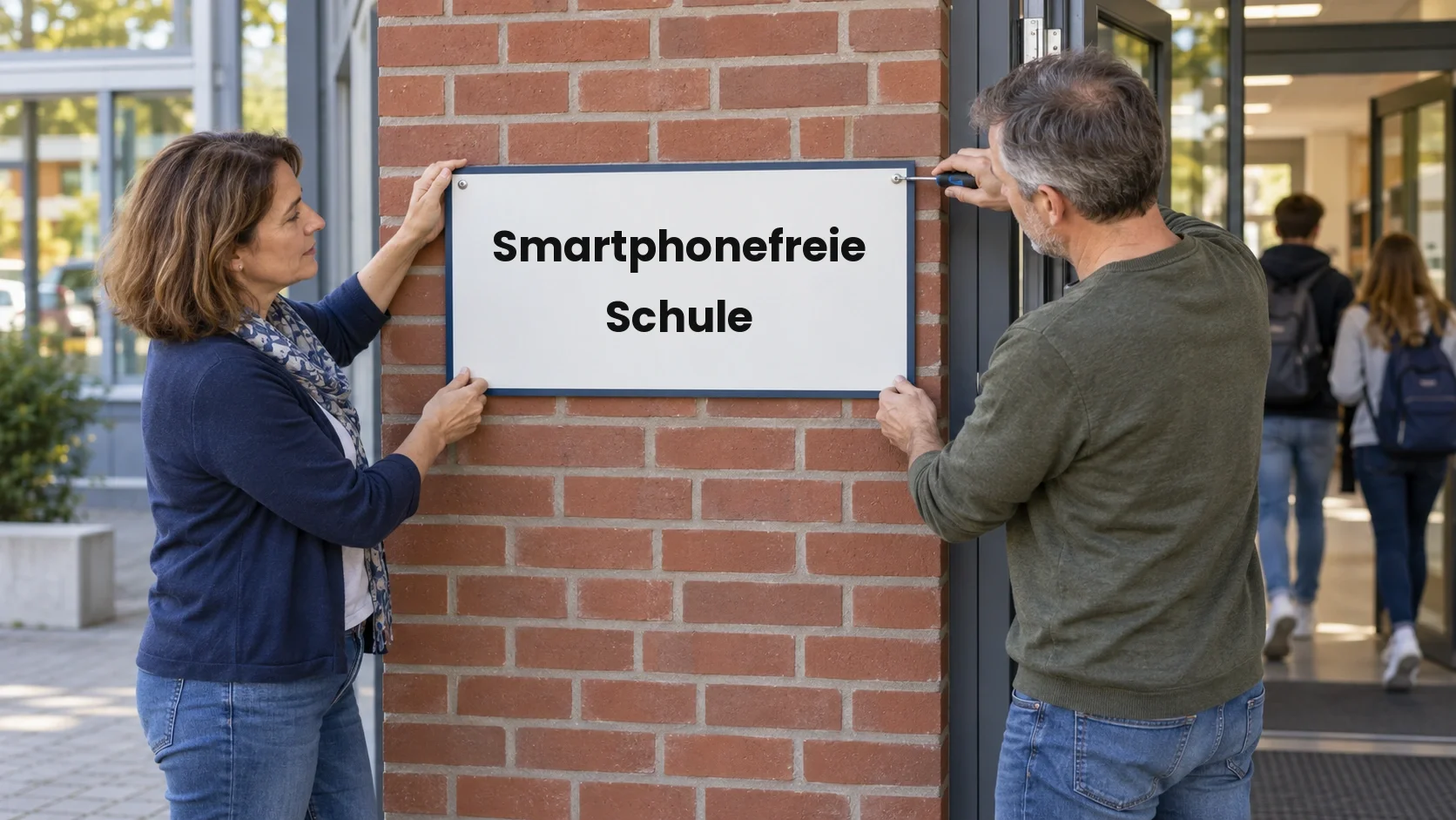 Zwei Schulleitungen montieren am Schuleingang ein Schild mit der Aufschrift „Smartphonefreie Schule“.