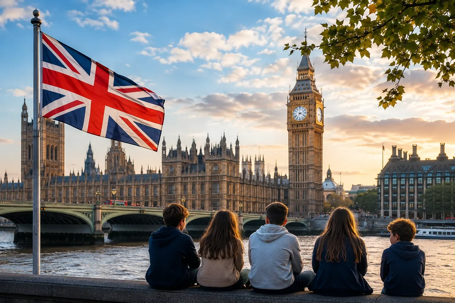 Jugendliche sitzen am Ufer der Themse vor dem britischen Parlament und Big Ben in London, Symbolbild für die geplanten britischen Social-Media-Regelungen für Kinder und Jugendliche