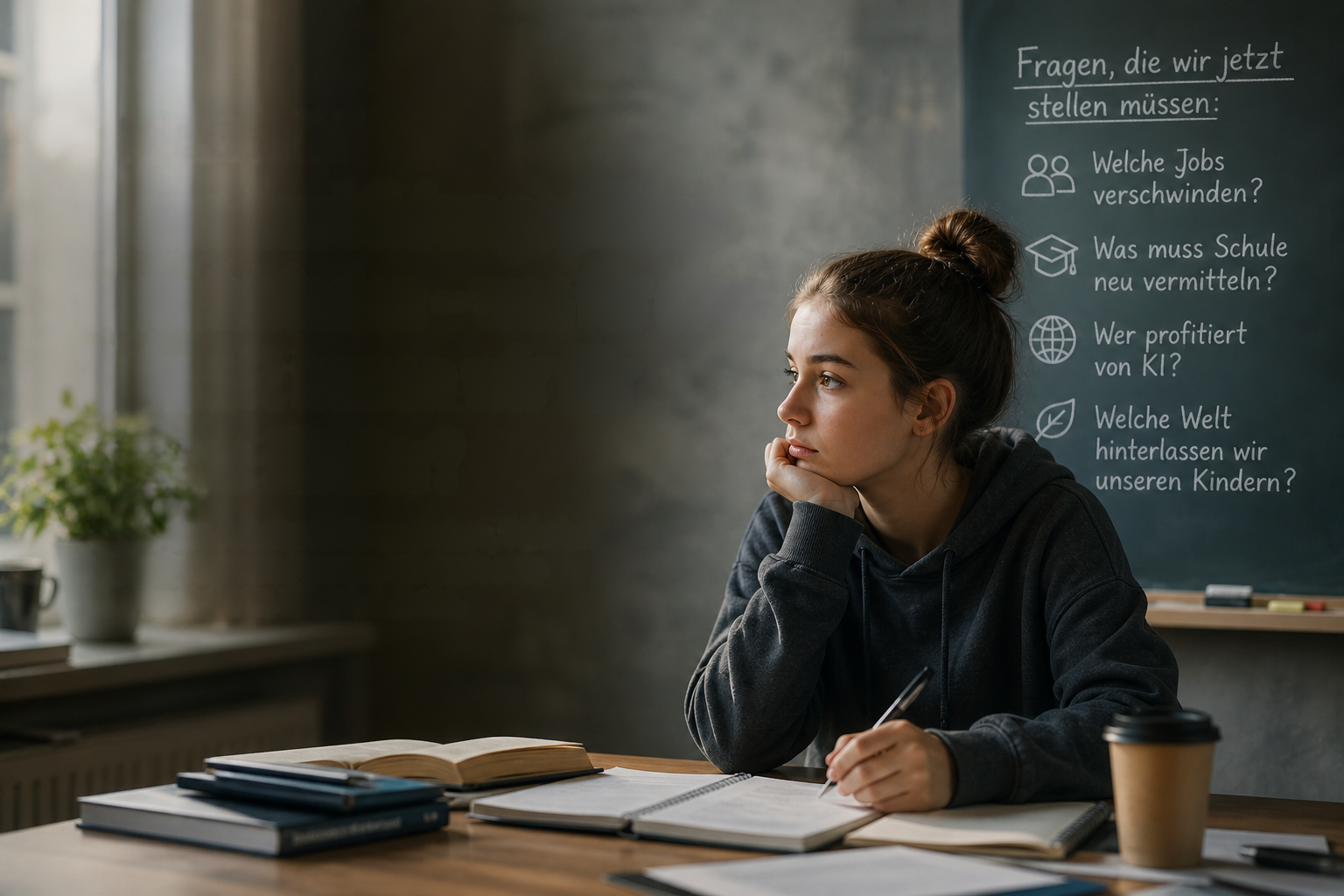 Nachdenkliche Schülerin sitzt im Klassenzimmer am Tisch und blickt zur Seite, während sie über ihre Zukunft und die Auswirkungen von künstlicher Intelligenz nachdenkt
