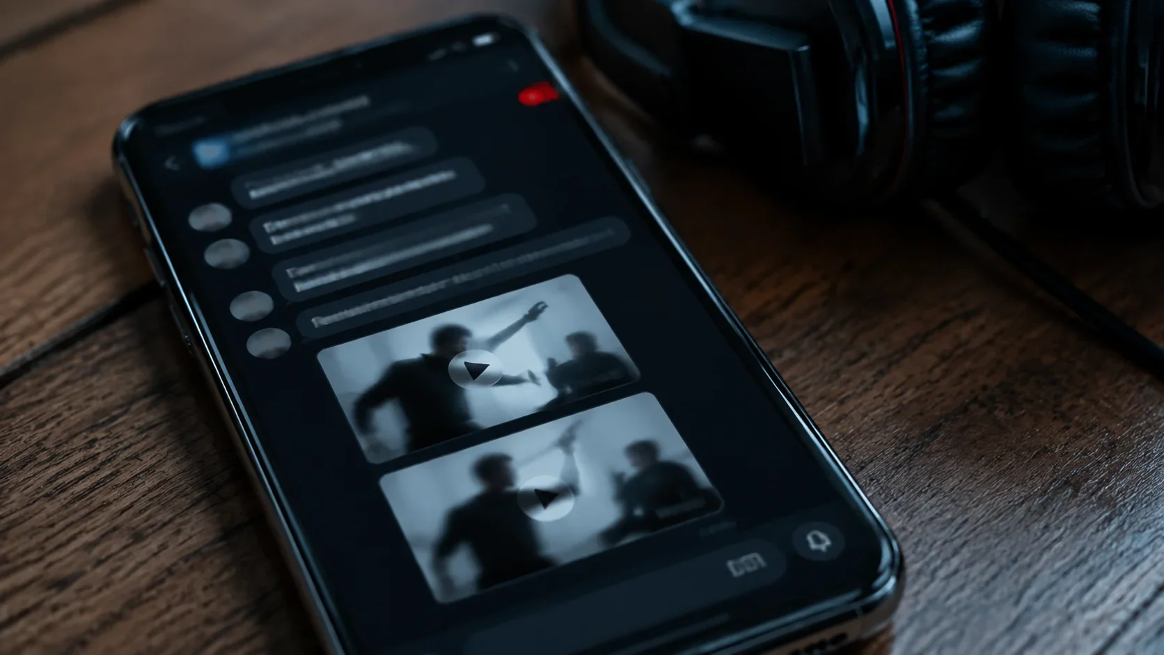 Smartphone mit privatem Chat und unscharfen Video-Vorschauen bedrohlicher Szenen neben einem Gaming-Headset.