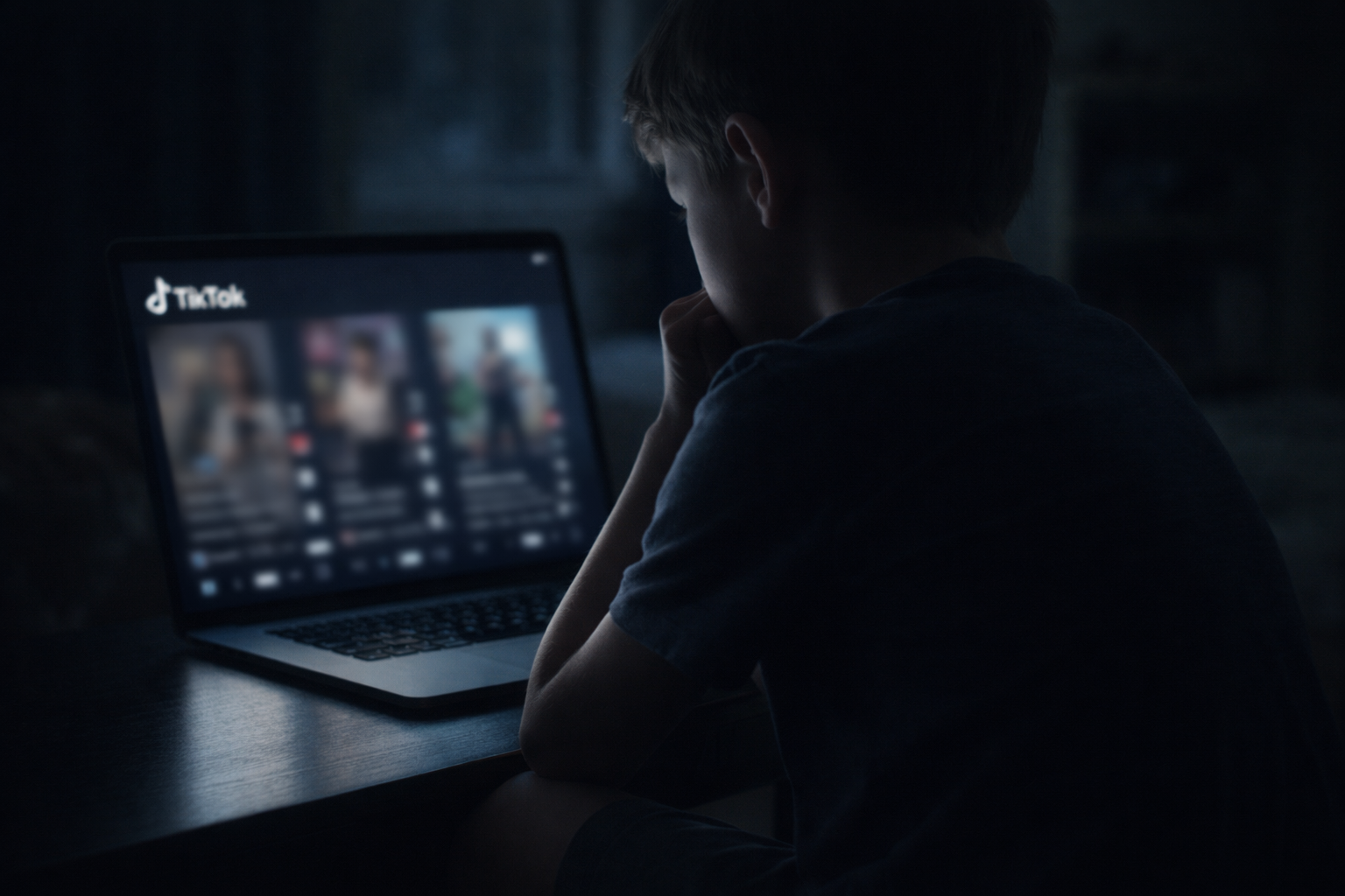Etwa zwölfjähriges Kind sitzt seitlich vor einem Laptop in einem abgedunkelten Raum, der Bildschirm leuchtet mit unscharfer TikTok-Oberfläche, das Gesicht ist nicht erkennbar, dokumentarische und ernste Stimmung.
