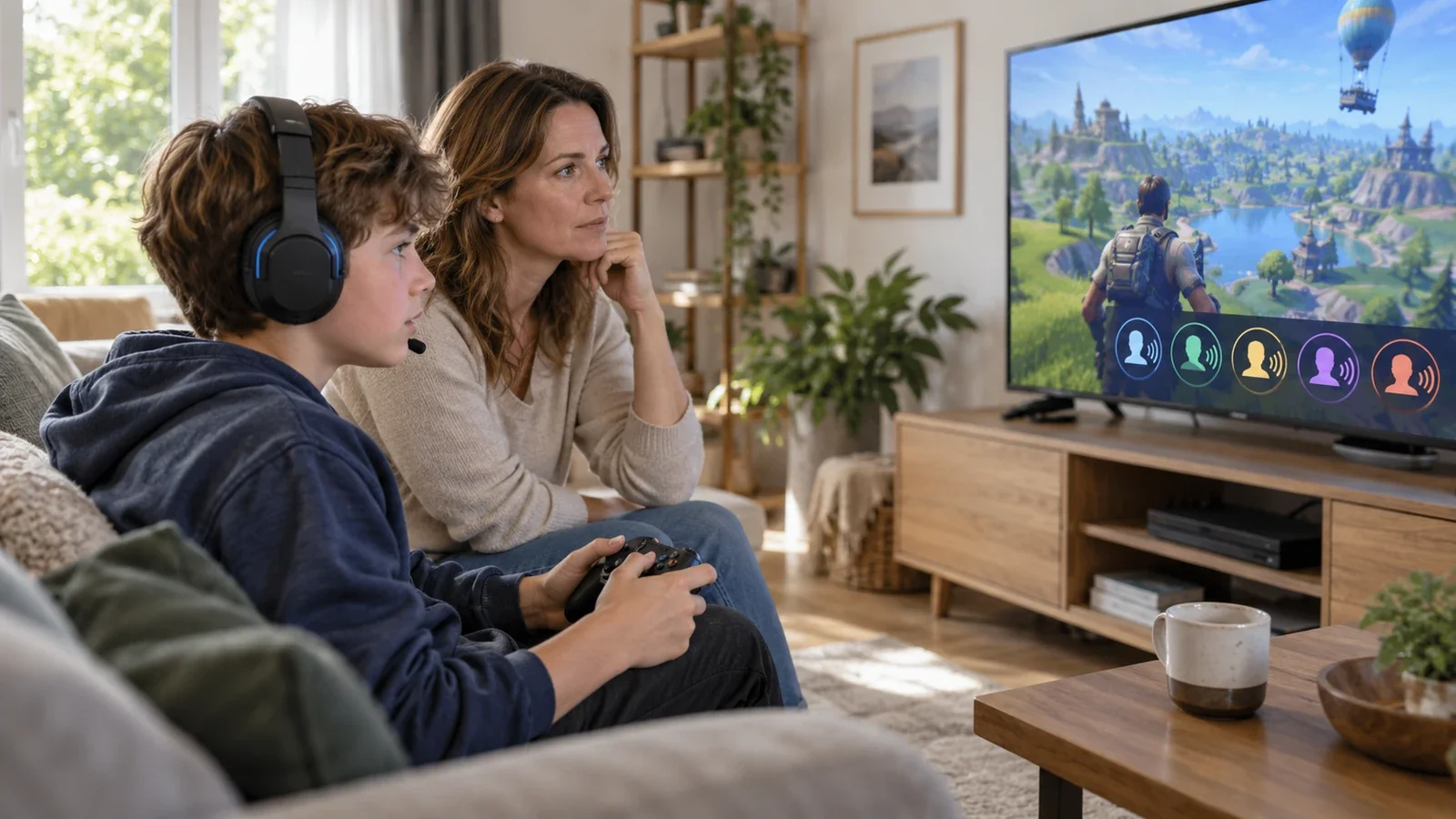 Eine Mutter sitzt neben ihrem Sohn mit Headset und Controller. Auf dem Fernseher sind Symbole für mehrere Stimmen in einer symbolischen Spielrunde zu sehen.