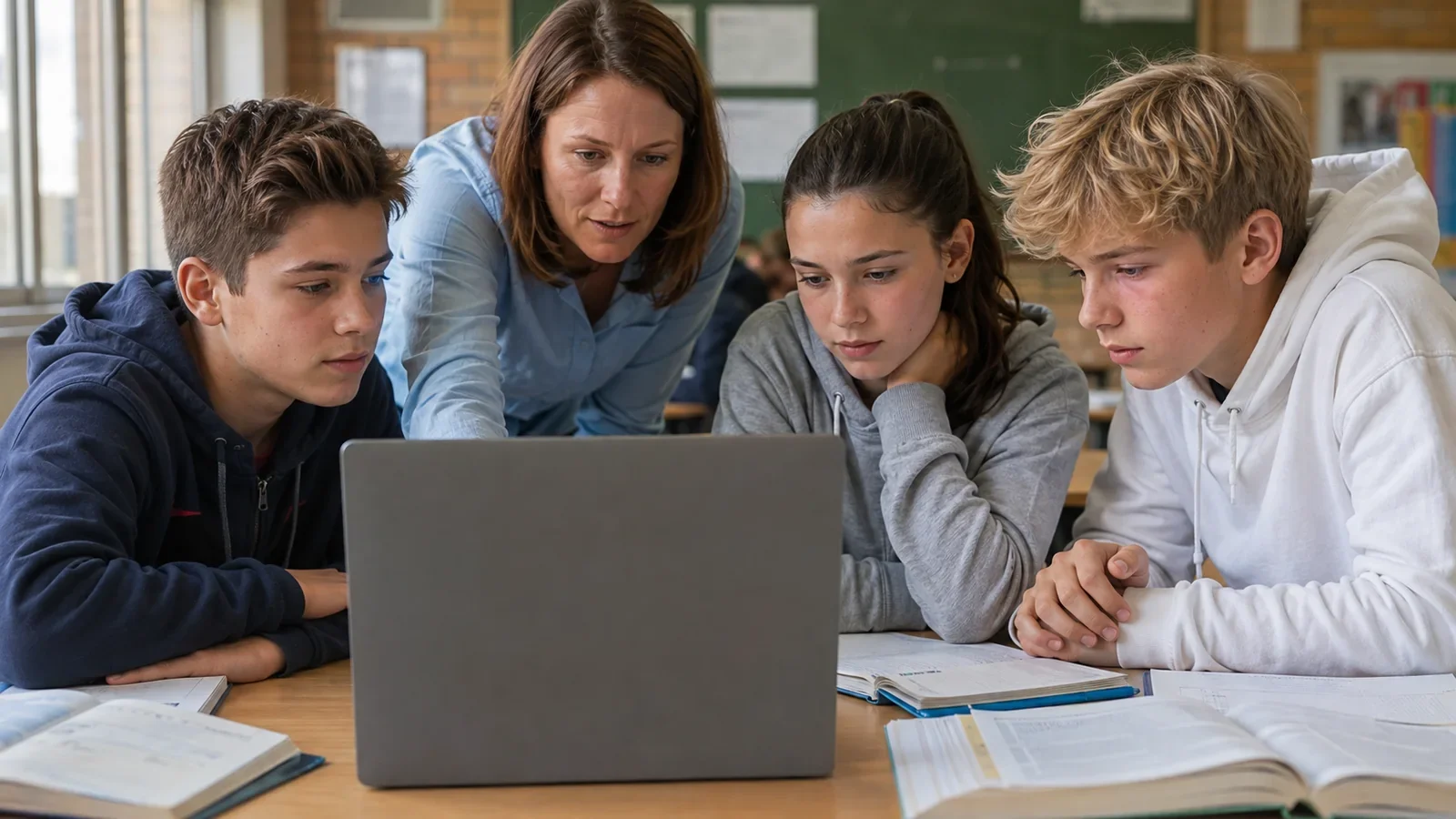 Eine Lehrerin begleitet drei Jugendliche im Unterricht bei der gemeinsamen Arbeit mit einem KI-Chatbot auf einem Schullaptop.