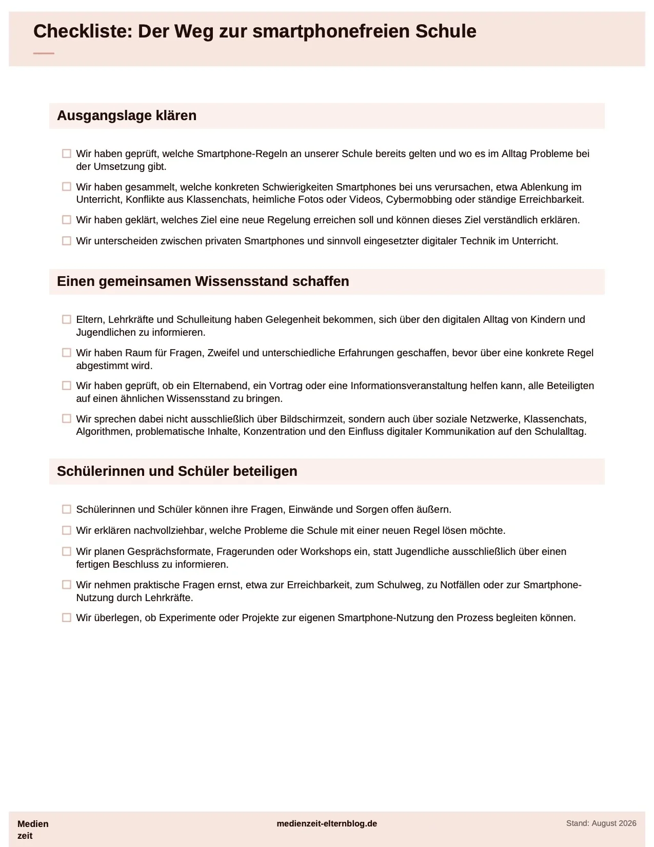 Erste Seite der Medienzeit-Checkliste „Der Weg zur smartphonefreien Schule“ mit den Bereichen Ausgangslage klären, gemeinsamen Wissensstand schaffen sowie Schülerinnen und Schüler beteiligen.