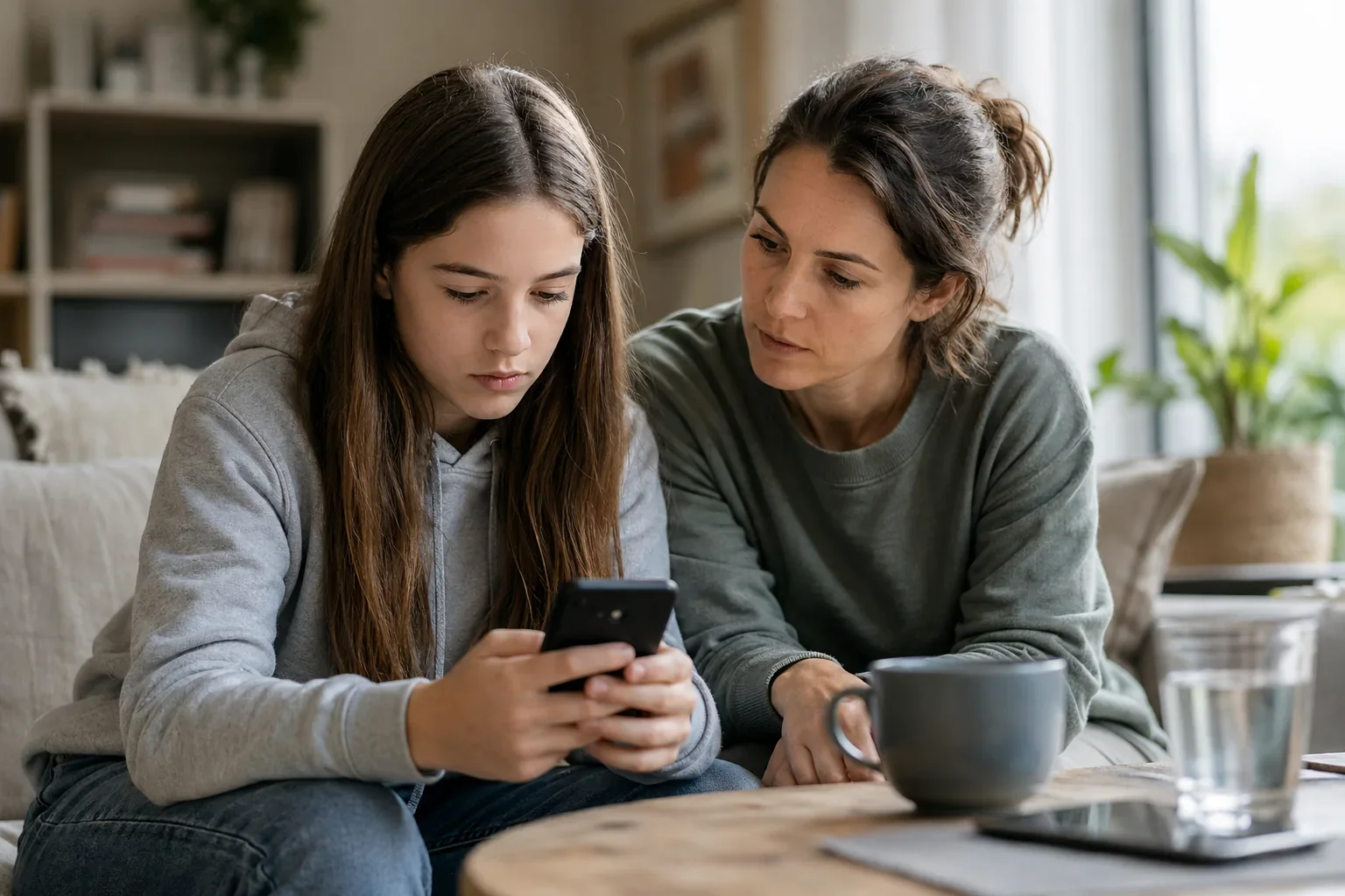 Eine Mutter schaut mit ihrer Tochter auf ein Smartphone, während beide auf dem Sofa sitzen.