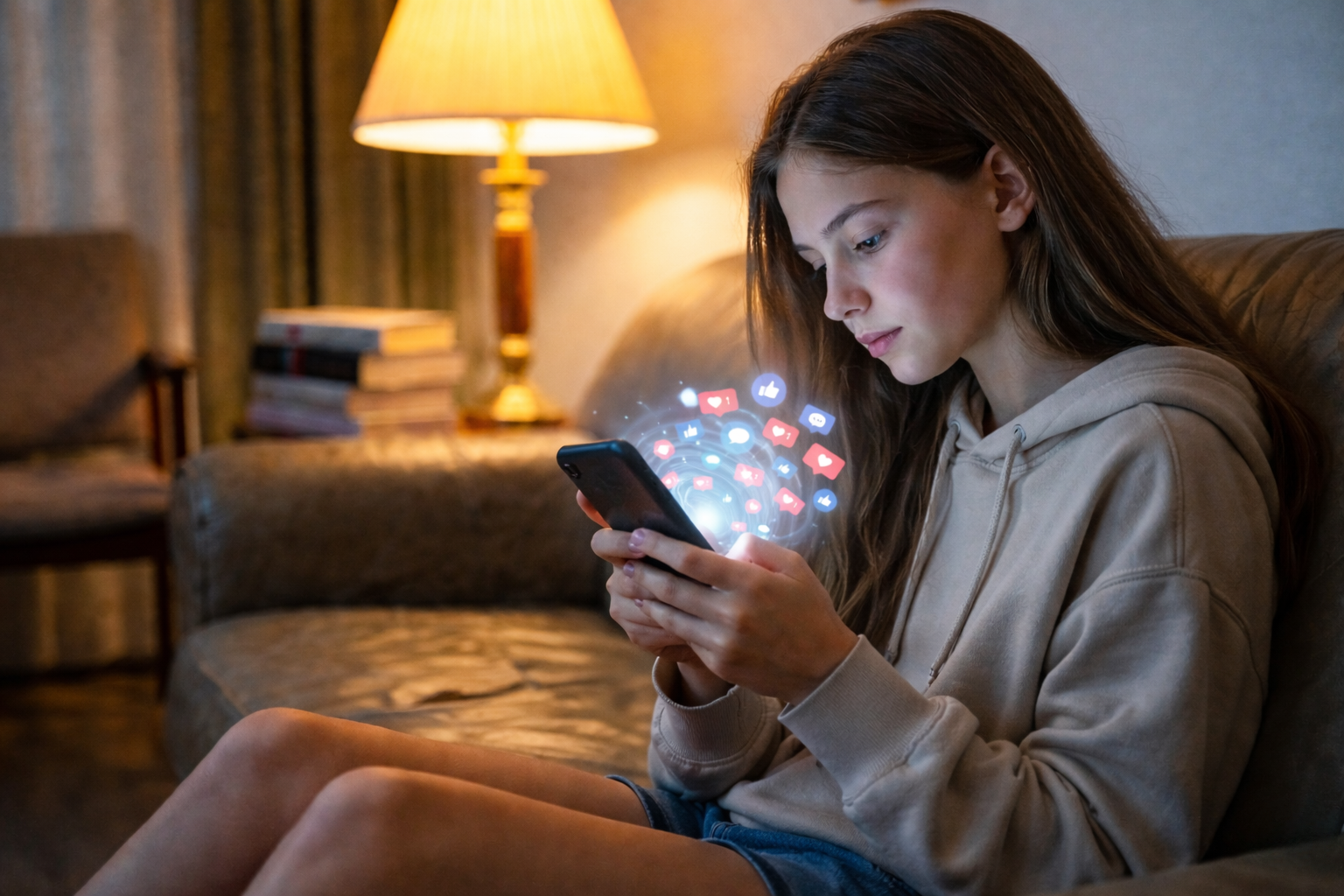 Teenager Mädchen sitzt abends auf einem Sofa und schaut auf ihr Smartphone, aus dem leuchtende Social Media Symbole aufsteigen.