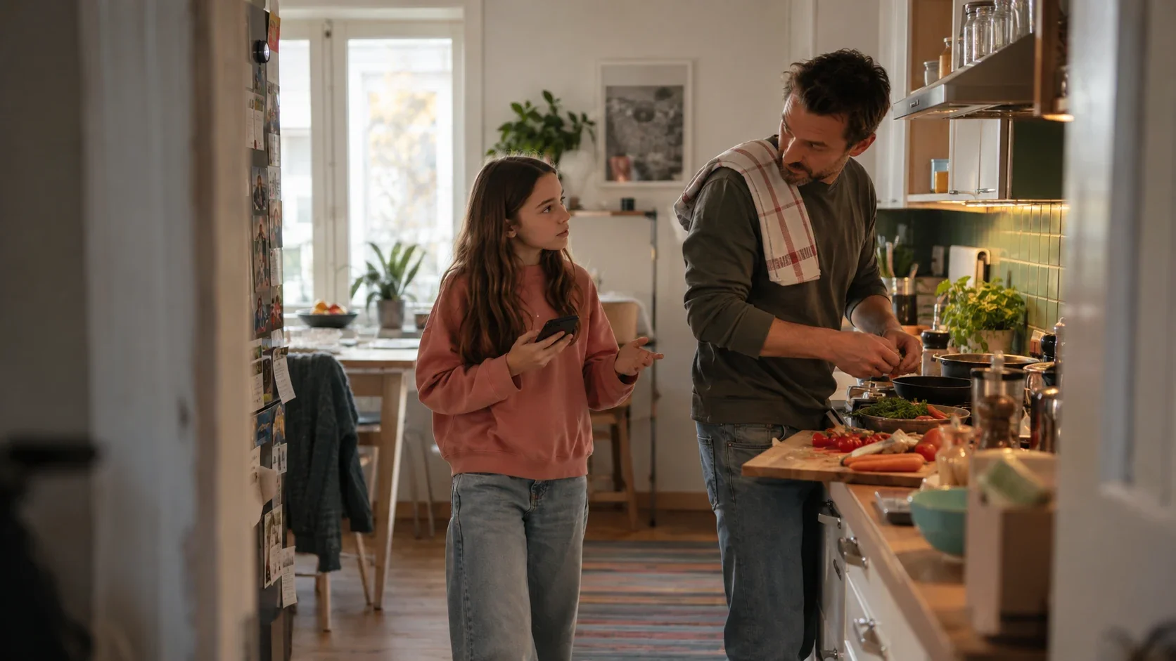 Ein Kind hält ein Smartphone in der Hand und spricht in der Küche mit seinem Vater, der gerade kocht.