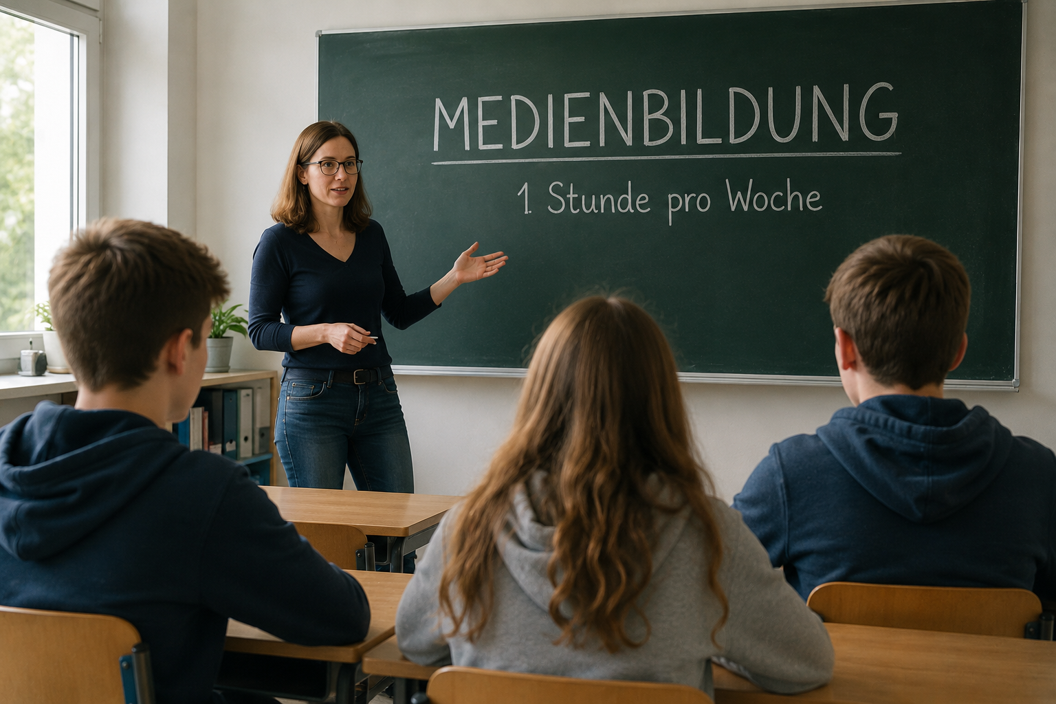 Lehrerin steht vor einer Tafel mit der Aufschrift „Medienbildung – 1 Stunde pro Woche“, während mehrere Jugendliche im Klassenraum aufmerksam zuhören.