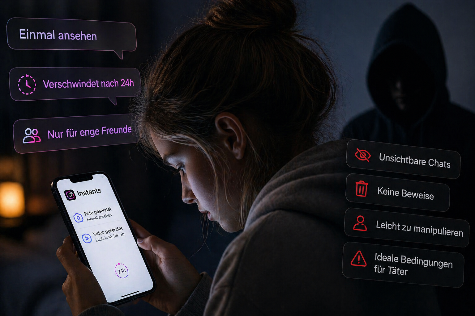 Jugendliches Mädchen sitzt im dunklen Raum und schaut konzentriert auf ihr Smartphone, während im Hintergrund eine unscharfe bedrohliche Person steht und die Risiken unsichtbarer privater Chats symbolisiert