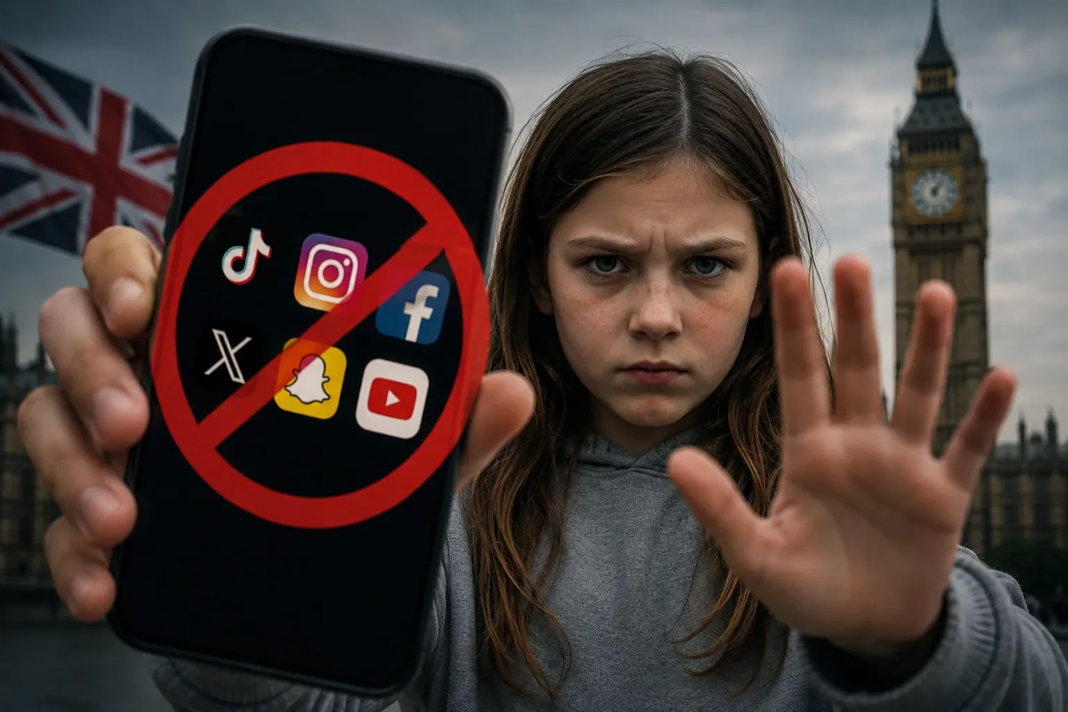 Jugendliches Mädchen vor der Londoner Skyline mit Smartphone als Symbol für die geplanten britischen Einschränkungen von Social Media für unter 16-Jährige