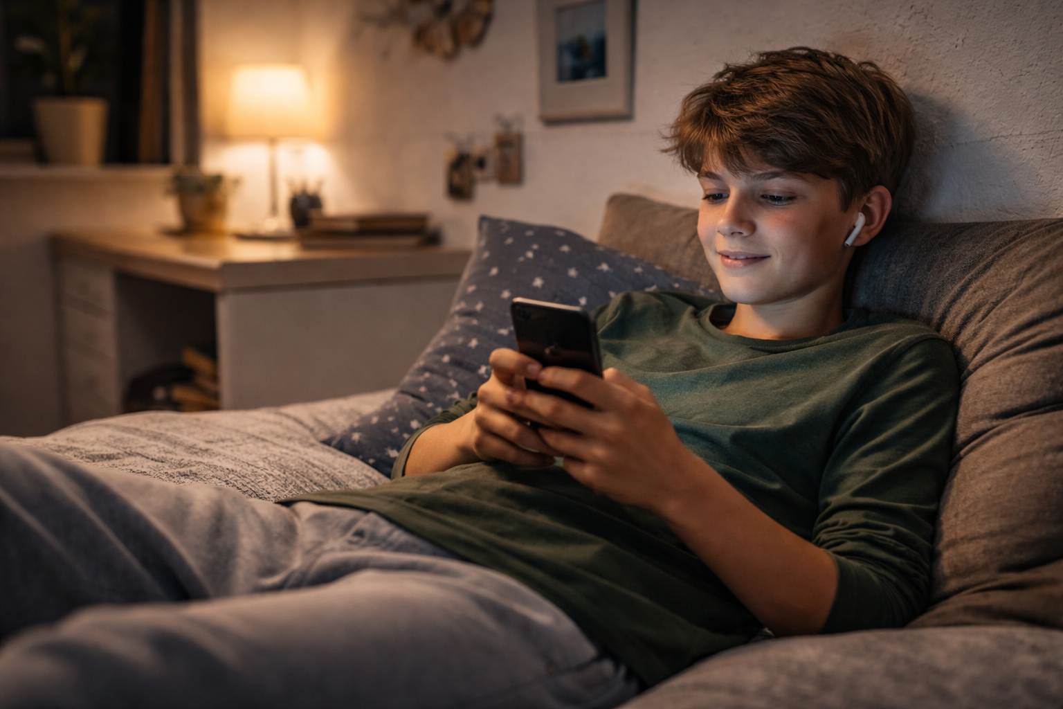 Ein Teenager liegt abends im Bett und schaut auf sein Smartphone, das Gesicht wird vom Display leicht beleuchtet, während das Zimmer ansonsten ruhig und gedämpft ist.