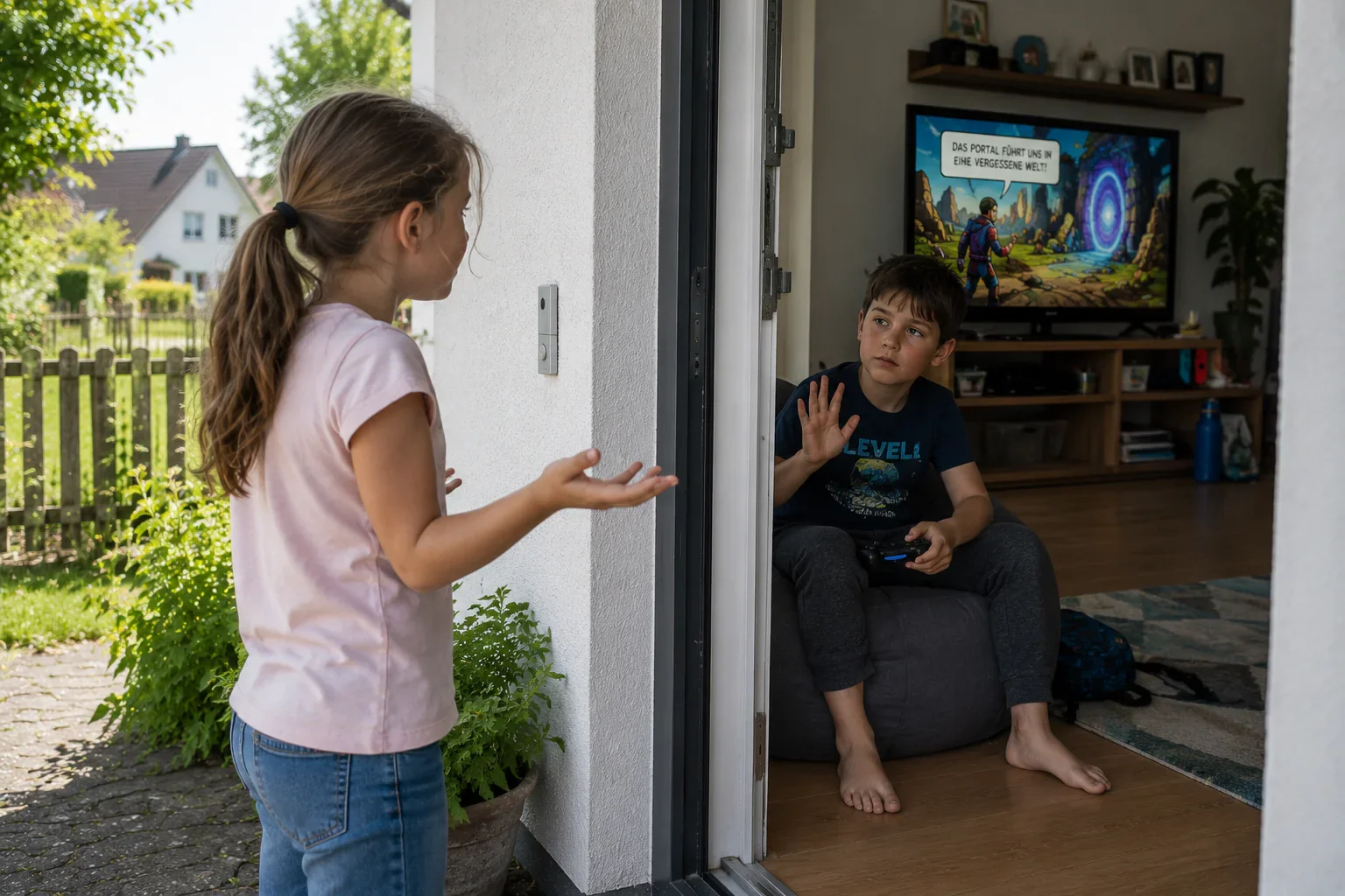 Ein Mädchen steht vor einer offenen Haustür; drinnen sitzt ein Junge mit einem Spielecontroller und hebt abwehrend die Hand.