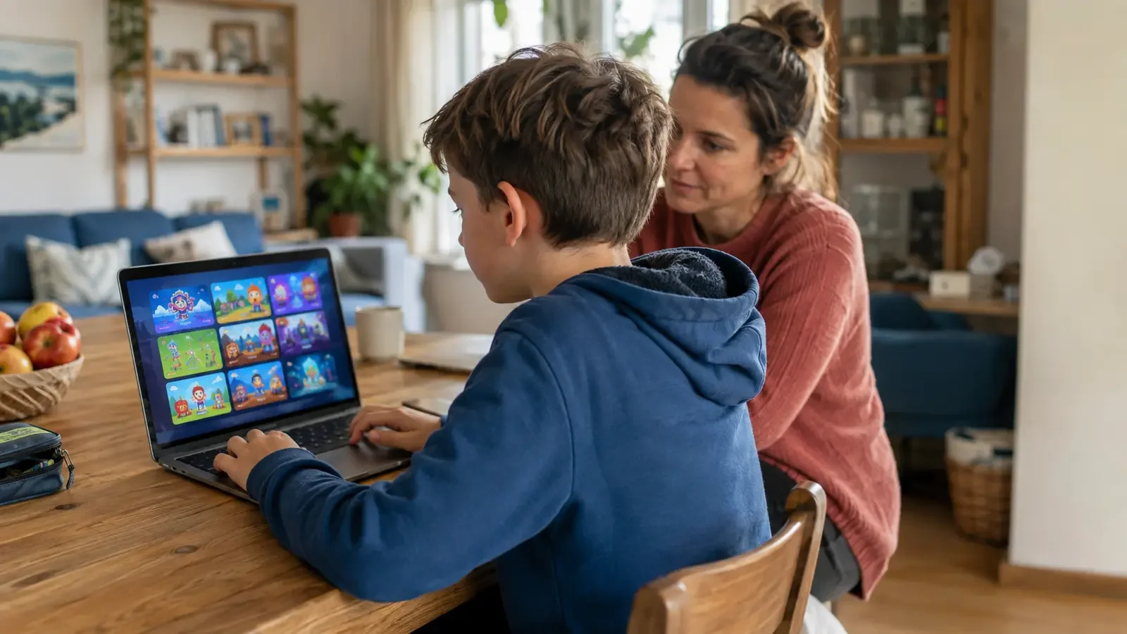 Ein Junge spielt an einem Laptop mit einer Auswahl bunter Browsergames, während seine Mutter aufmerksam auf den Bildschirm schaut.