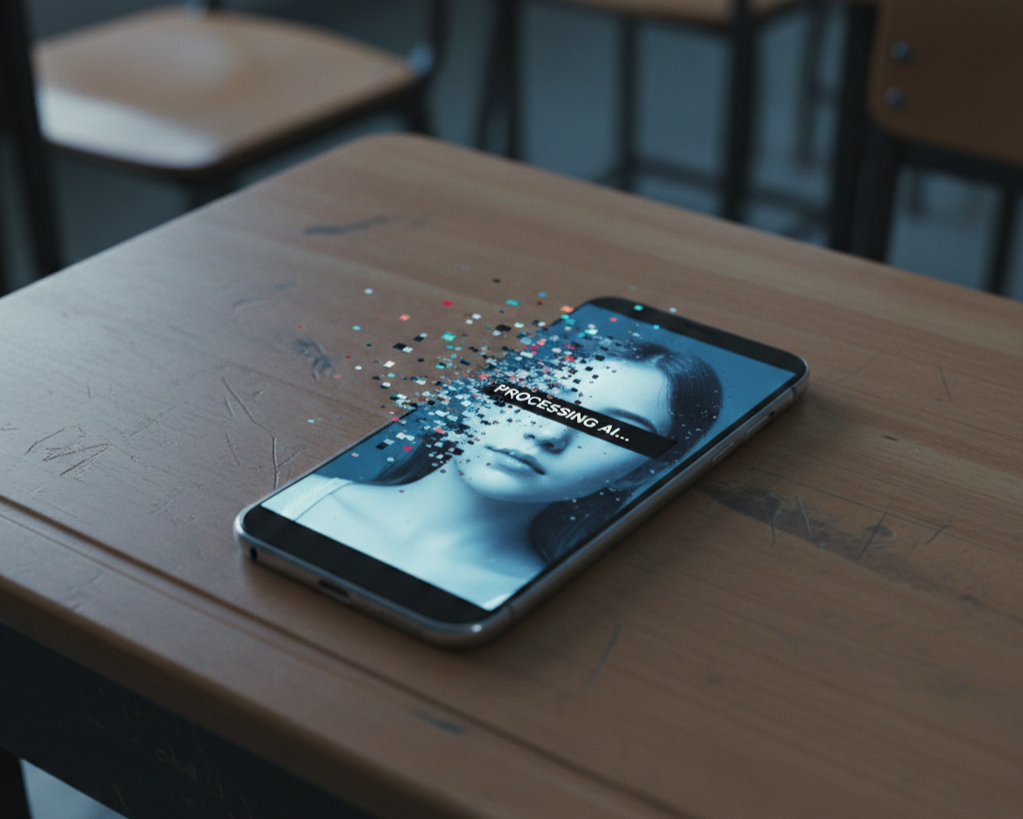 Metaphorische Darstellung von KI-Bildmanipulation an Schulen: Ein Handy auf einem Tisch zeigt ein Porträtfoto, das durch digitale Effekte und einen Zensurbalken verzerrt wird.