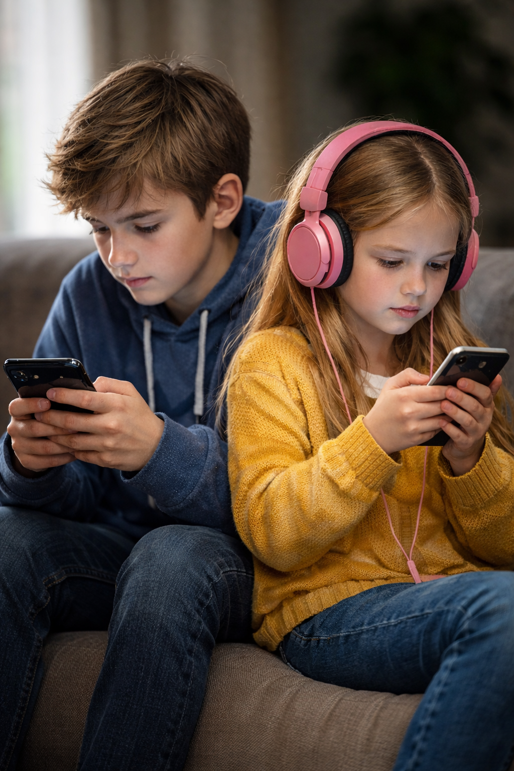 Ein älterer Junge und ein jüngeres Mädchen sitzen nebeneinander auf dem Sofa und konzentrieren sich jeweils auf ihr eigenes Smartphone.