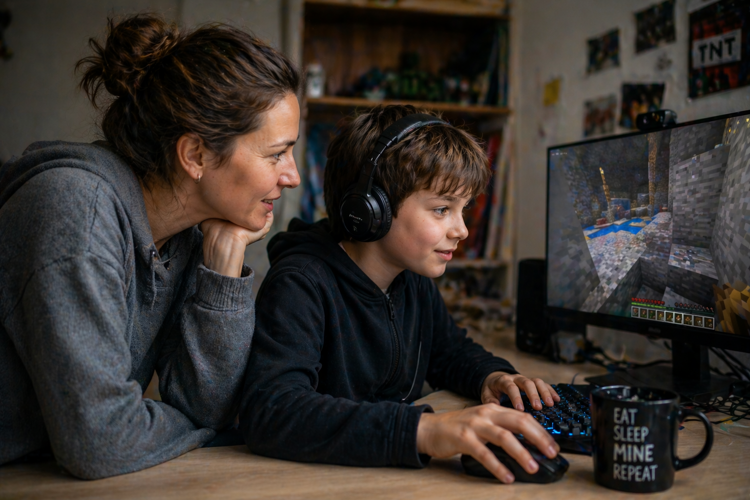 Elternteil sitzt neben einem Kind am Computer und schaut beim Videospielen zu, während das Kind konzentriert spielt und erklärt.