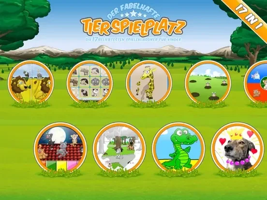 Auswahlbildschirm des fabelhaften Tier-Spielplatzes mit verschiedenen Puzzle-, Musik- und Suchspielen für jüngere Kinder.