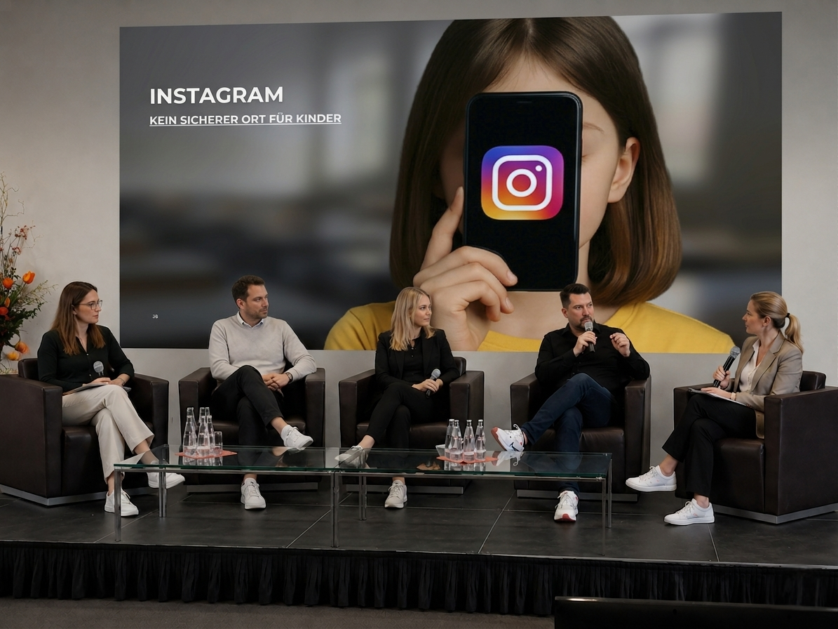 Podiumsdiskussion von Medienzeit zum Thema Instagram und Kinderschutz. Mehrere Referenten sitzen auf einer Bühne vor einer großen Präsentationsfolie mit der Aufschrift „Instagram – Kein sicherer Ort für Kinder“.