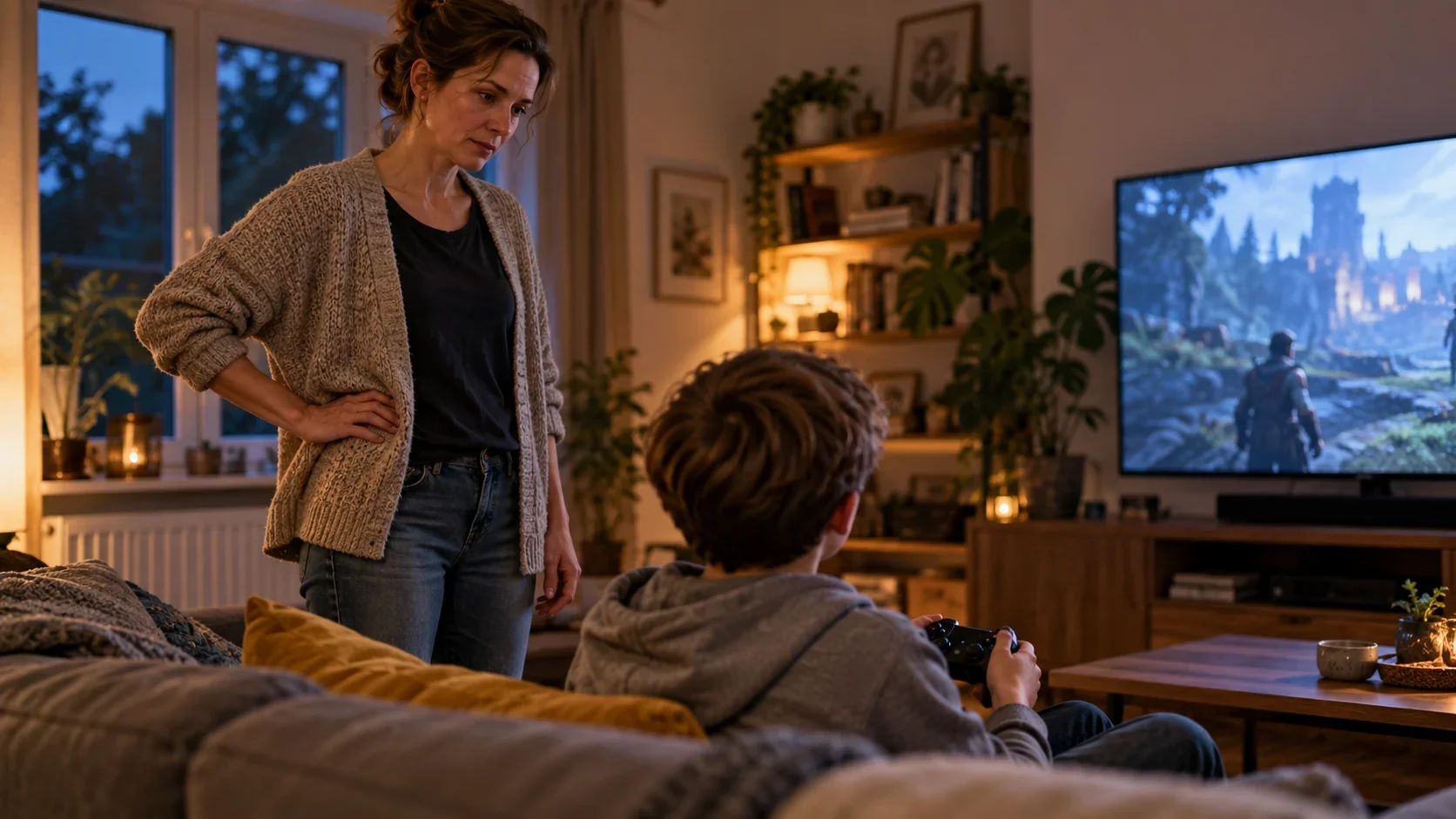Eine Mutter steht abends im Wohnzimmer neben ihrem Kind, das mit einem Controller vor dem Fernseher sitzt.