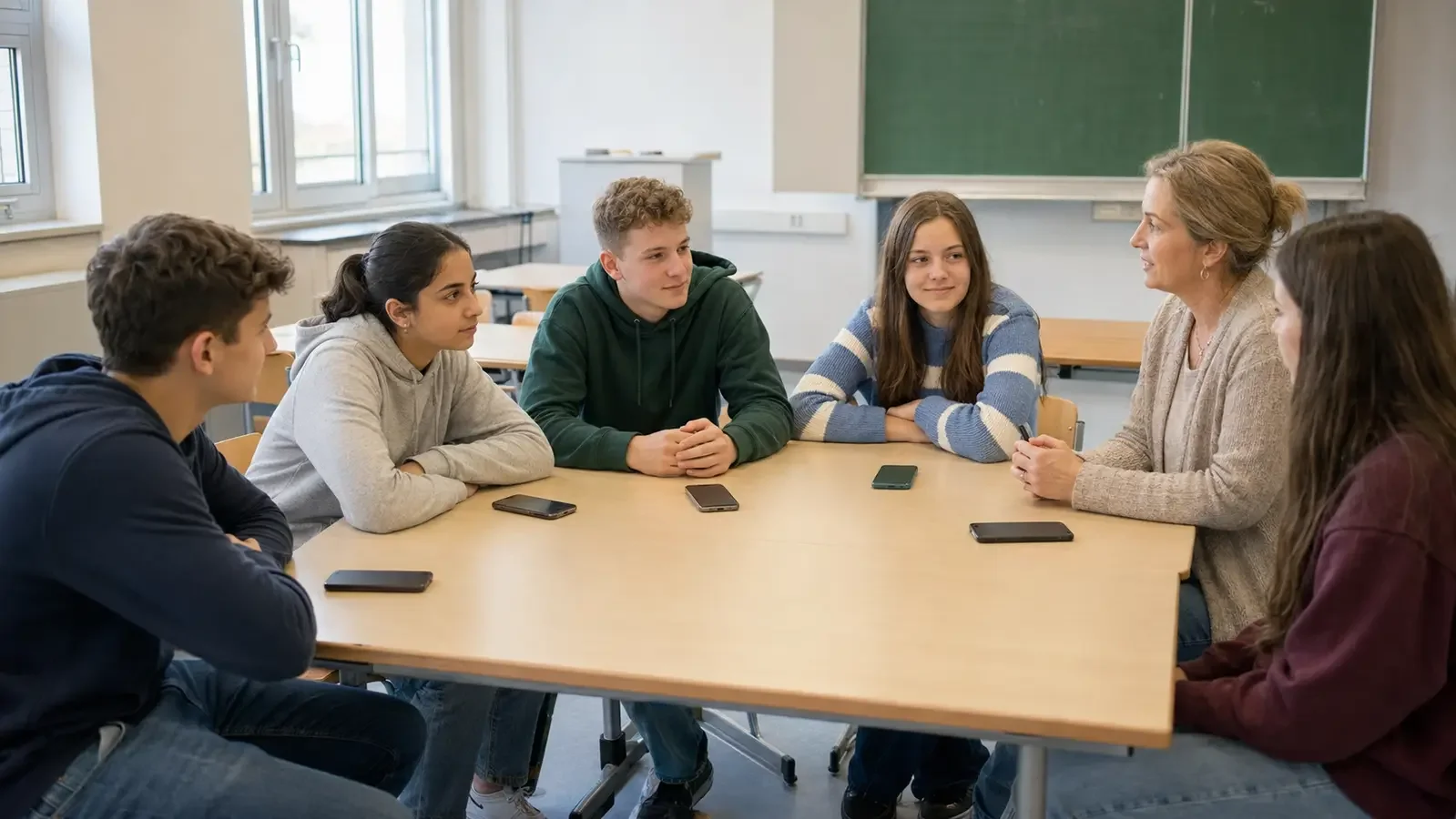 Fünf Jugendliche sitzen mit einer Lehrerin im Klassenraum zusammen. Ihre Smartphones liegen während des Gesprächs unbenutzt vor ihnen auf dem Tisch.