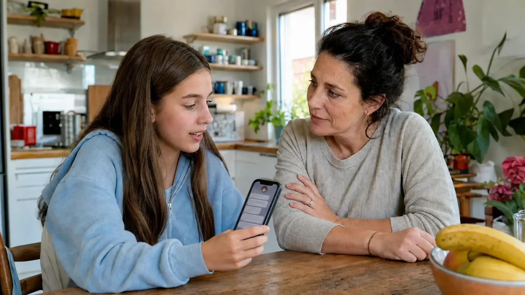 Eine Mutter und ihre jugendliche Tochter sprechen gemeinsam über einen KI-Chat auf dem Smartphone.