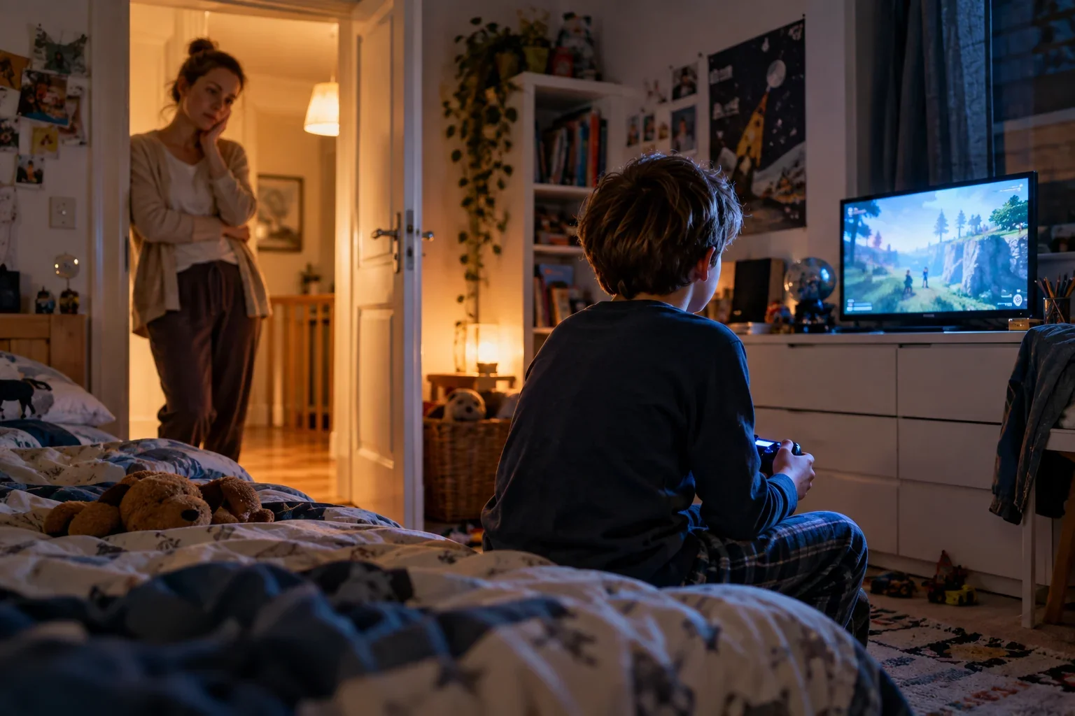 Ein Kind spielt abends im Kinderzimmer vor dem Bildschirm, während seine Mutter in der Tür steht.