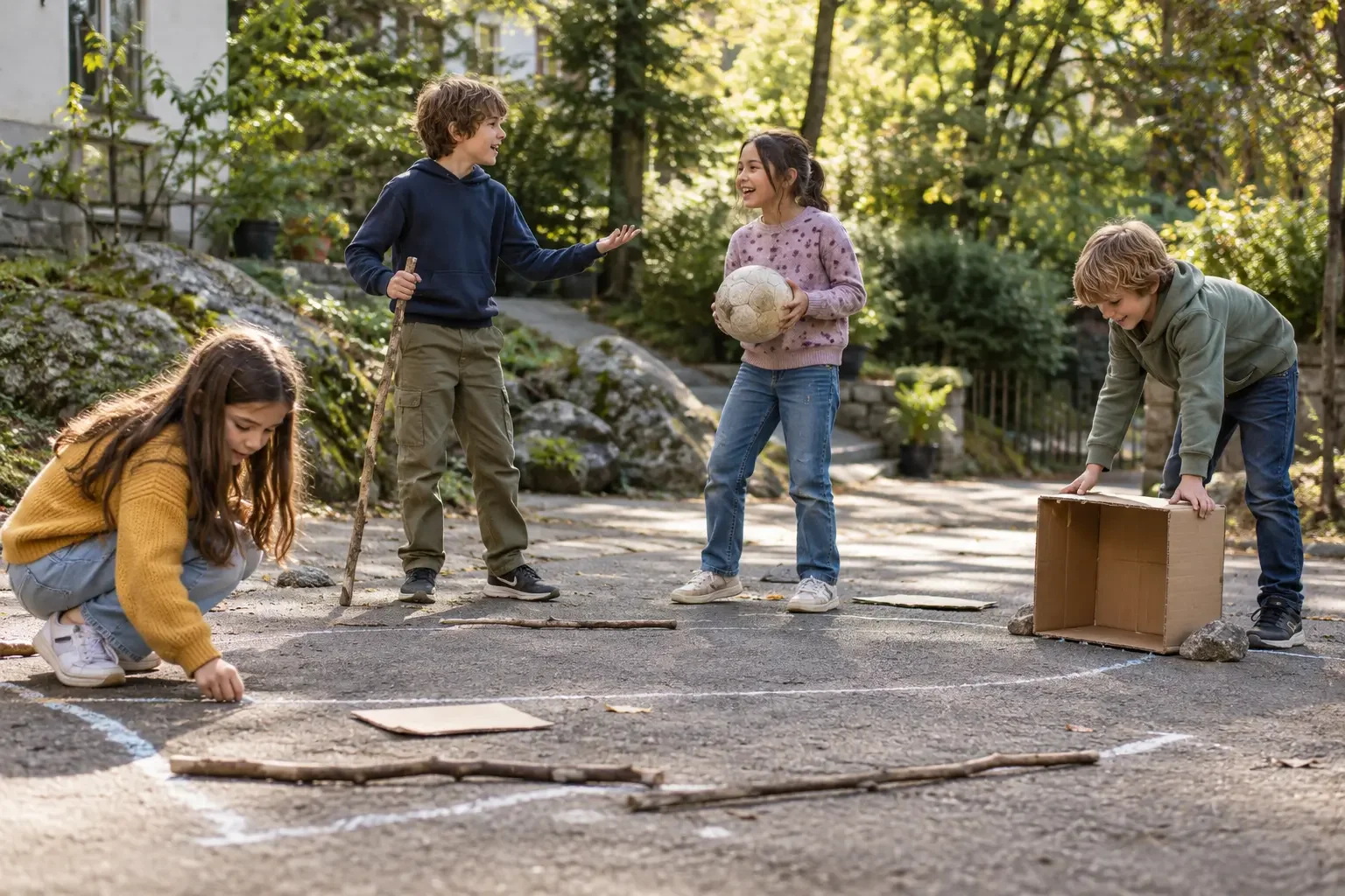 Vier Kinder erfinden draußen gemeinsam ein eigenes Spiel mit Kreide, Stöcken, einem Ball und einem Karton. Sie beraten sich, verändern ihre Regeln und spielen ohne sichtbare Anleitung durch Erwachsene.